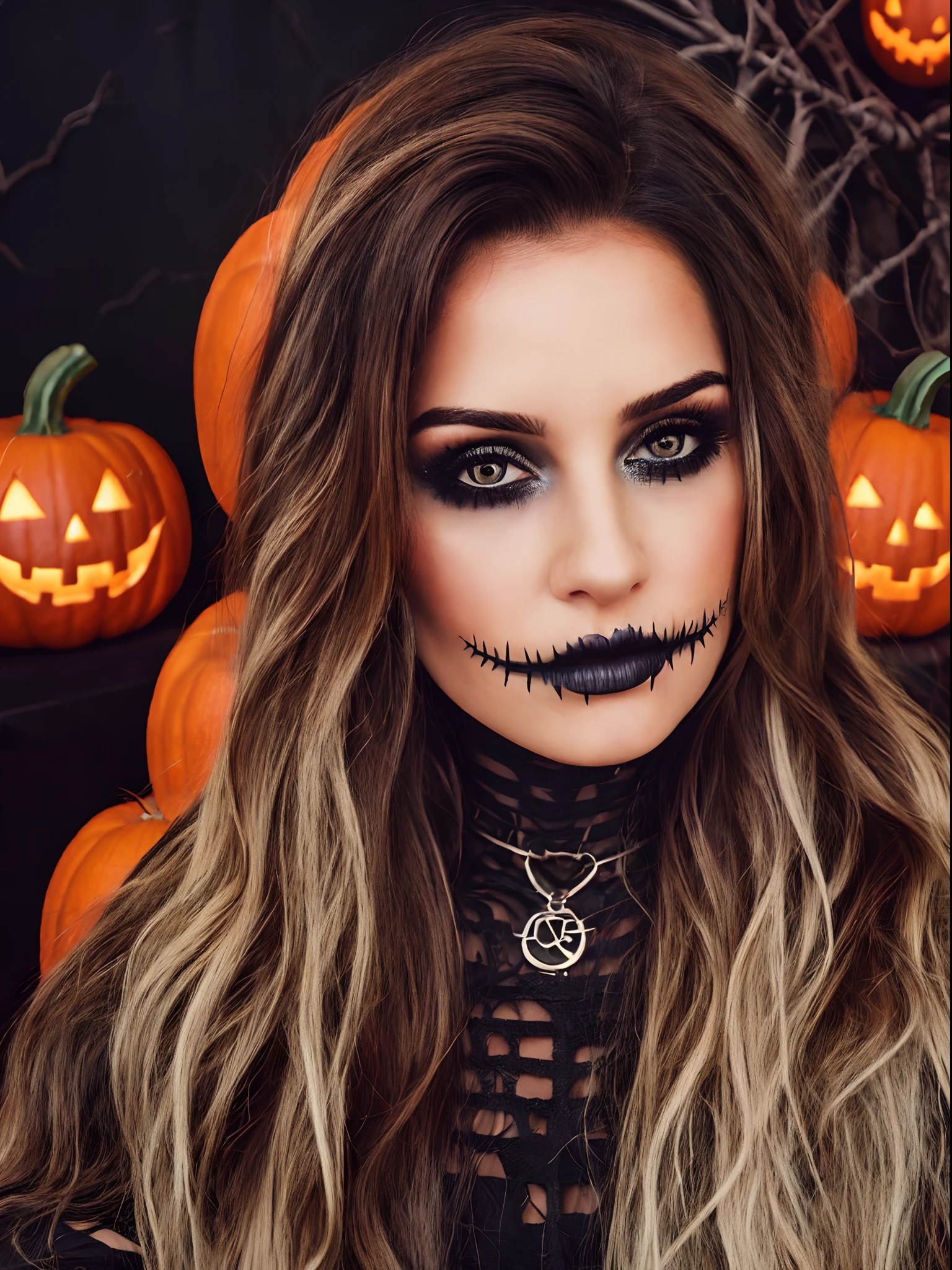 (photo: 1.3) af (realistic: 1.3),RAW photo, 1girl , layered haircut, HWmakeup, (Halloween costume:1.1), complex Halloween background,Halloween, Halloween theme, Halloween colors, (cozy atmosphere:1.2) 8k uhd, dslr, soft lighting, high quality, film grain, Fujifilm XT3, (intricate details:0.9), (hdr, hyperdetailed:1.2),