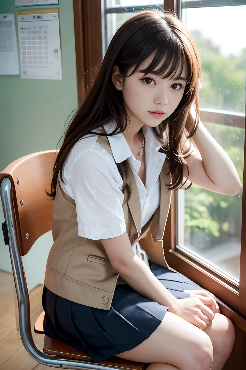 top-quality、hight resolution、ultra-detailliert、masterpiece、Raw photography:2、realisitic:2、Photorealsitic:2、extremely delicate and beautiful、finely detail、Textured skin、1girl in、japanes、 (Solo)、(Chest Up Shot)、18-year-old schoolgirl、(Sitting on a school chair by the window)、She's looking at this、Sunset hits、(Super beautiful girl:1.5)、(A detailed face)、Adult face、Bare legs、Brown hair、(School uniform)、highschool、crass room、School Desks and Chairs