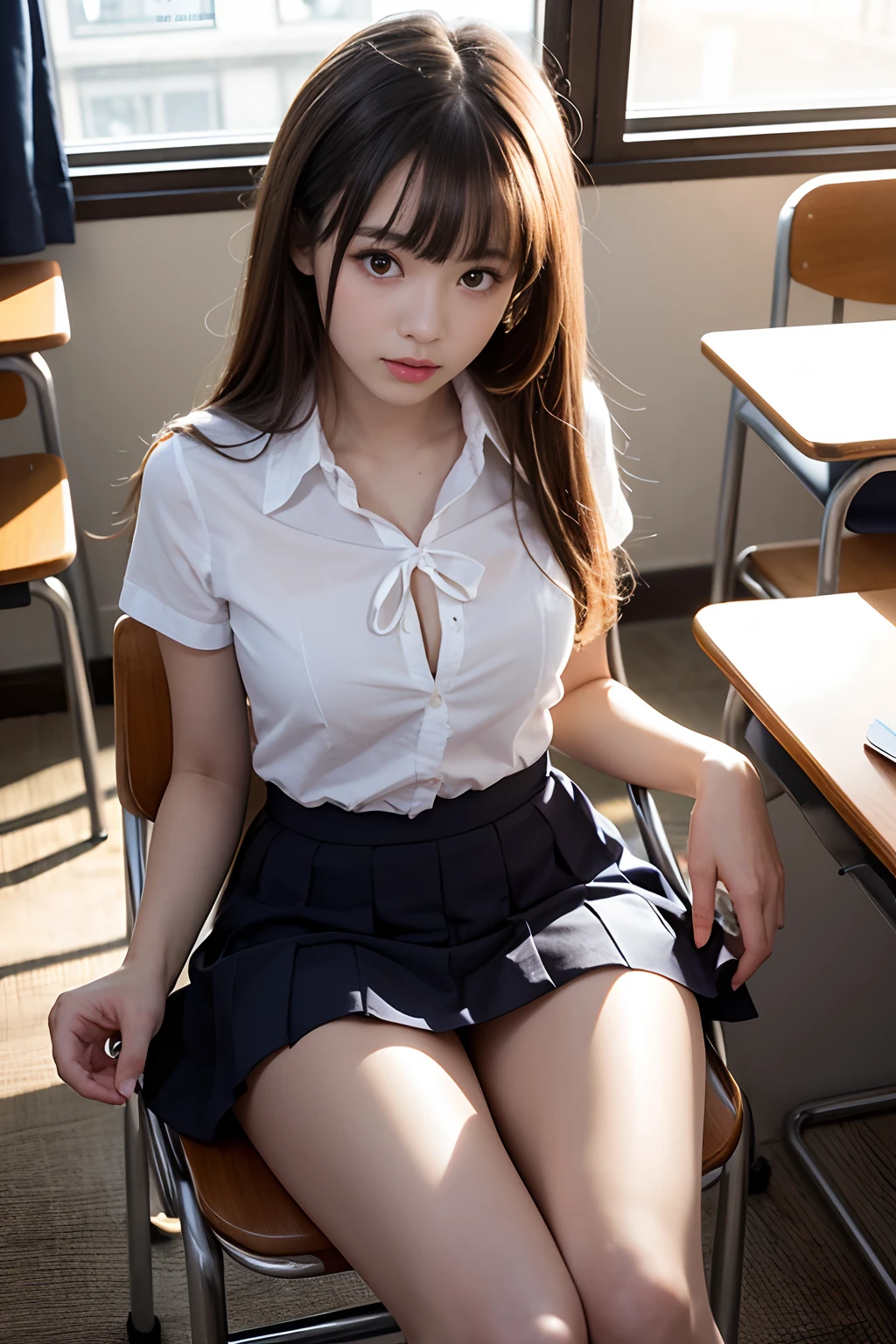 top-quality、hight resolution、ultra-detailliert、​masterpiece、Raw photography:2、realisitic:2、Photorealsitic:2、extremely delicate and beautiful、finely detail、Textured skin、1girl in、japanes、 (Solo)、(Chest Up Shot)、18-year-old schoolgirl、(Sitting on a school chair by the window)、She's looking at this、Sunset hits、(Super beautiful girl:1.5)、(A detailed face)、Adult face、Bare legs、Brown hair、(School uniform)、highschool、crass room、School Desks and Chairs