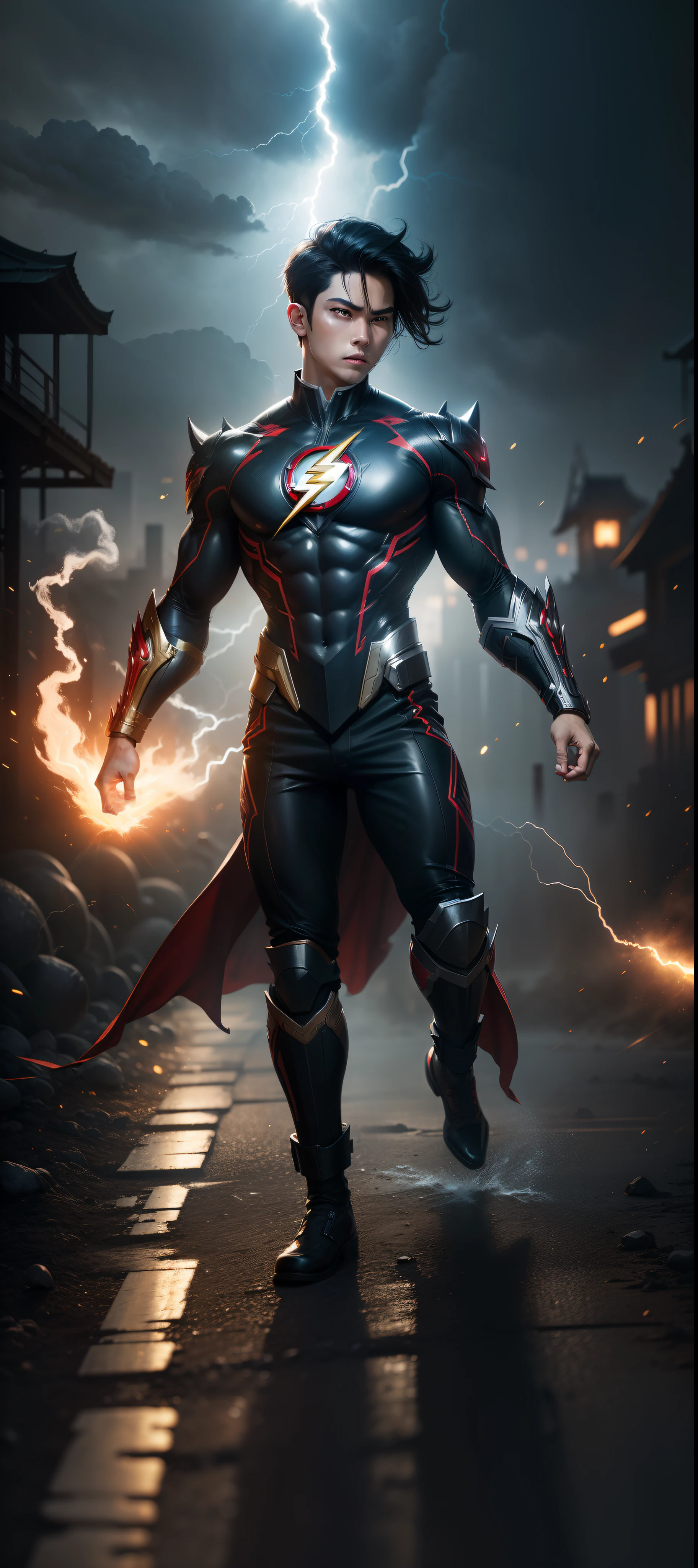(best quality: 1.33), (masterpiece: 1.42), (realistic: 1.24), (detailed: 1.15), , high contrast and dynamic pose, movement, energy, smoke, fog, wind, body energy, speed, running, 
Generate an image like the Flash with flashy special effects, (intricate costume:1.2), eye-catching, such as energy blasts or lightning, in the style of Ross Tran,
professional photoshoot, action shooting, cowboy shot,black hair,boy,focus on boy,short hair,red flash costume
