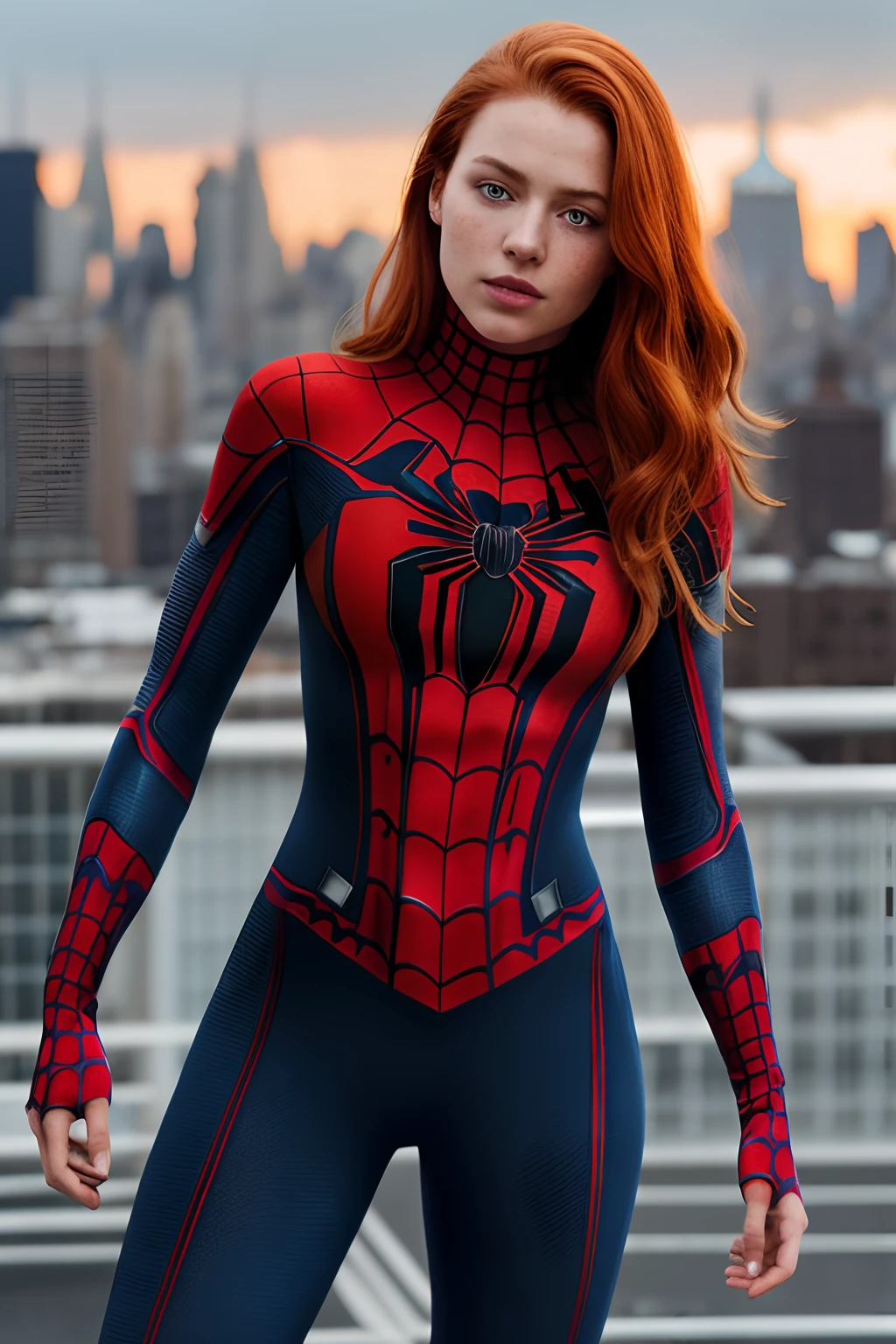 (full body shot:1) photorealistic image of a woman, ultrarealistic, photography, long red hair, woman, 24 years old, hourglass figure, perfect body, Flirty look, natural medium breasts, blur background, wearing a spider-woman suit, cleavage