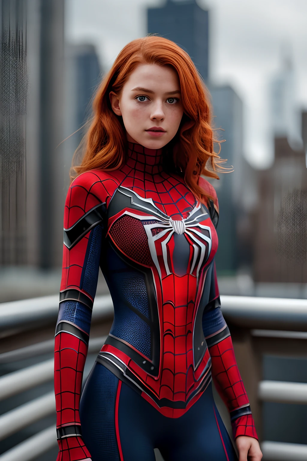1girl in, age19, Solo, Aesthetic artwork, irish redhead, wavy ginger hair, shoulder length ginger hair, gray eyes, light grey eyes, some small freckles, pale skin, A-cup, small breasts, runners body, fullbody shot, (textured skin, skin pores:1.1), (moles:0.8), imperfect skin, goosebumps, (((She wears Spider-Man suit))), (no mask), red and black color scheme, spider, very detailed, ((Manhattan background)), (extremely detailed 8k wallpaper), soft lighting, high quality, film grain, Fujifilm XT3 sharp focus, f 5.6, 50mm, High Detail, Sharp focus,(natural light), (seductive), Realistic, ultra realistic, photo realistic, crazy details, complex details, hyper detailed,