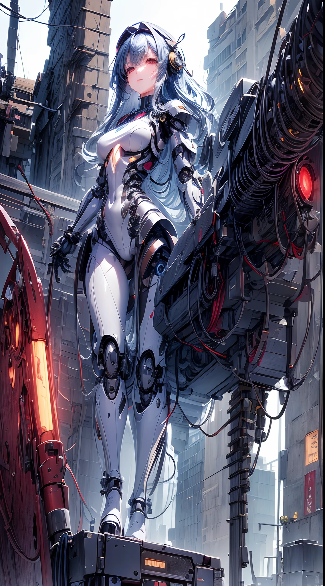 (((masterpiece)))、((top-quality))、(The ultra-detailliert)、(CG Illustration)、(Very beautiful))、Cinematic light、((1 Mechanical Girl))、Thing、deadpan、(Wires and cables attached to the body:1.5)、 scientific fiction、Apocalypse、ruins、(Lower body integrated with mechanical devices)、(blood:1.5)、mizore、absurderes、Erotic Lotescu、Fusion of machines and tentacles、Ultra-future、Inorganic、research institute、srestrained、(Beautiful and indulgent:1.2)、(1girl in:1.3)、Body wrapped around the tentacles of a machine