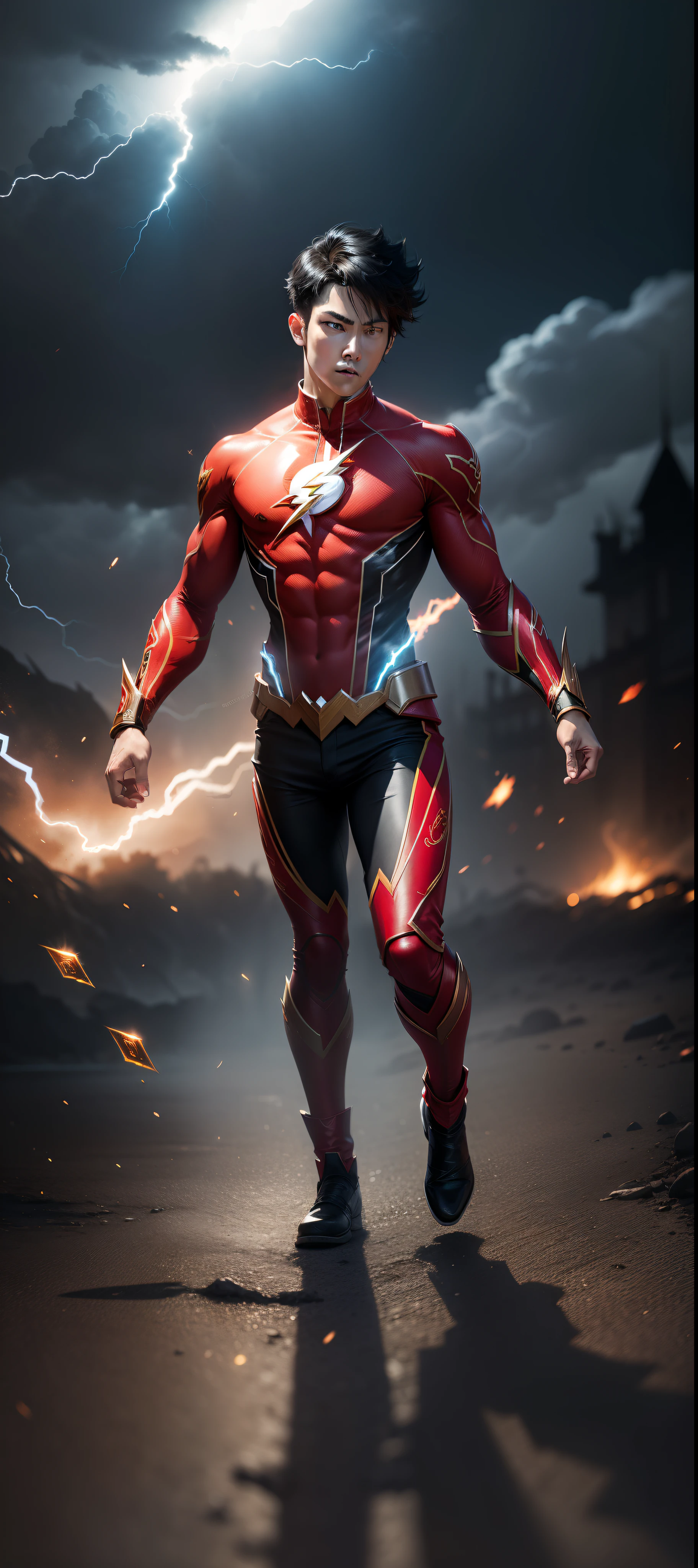 the flash from dc comics, full body::1, alex ross art, (alex ross style:0.5), alex ross art style, alex ross, speed, 4k, raw photo, best quality, masterpiece, ultra high res, (photorealistic:1.4), two hands, chinese traditional ink style, dynamic movement, dynamic pose, movement, Amazing Vector in oil painting environmental art cinematic, diorama, intricate detail, solo