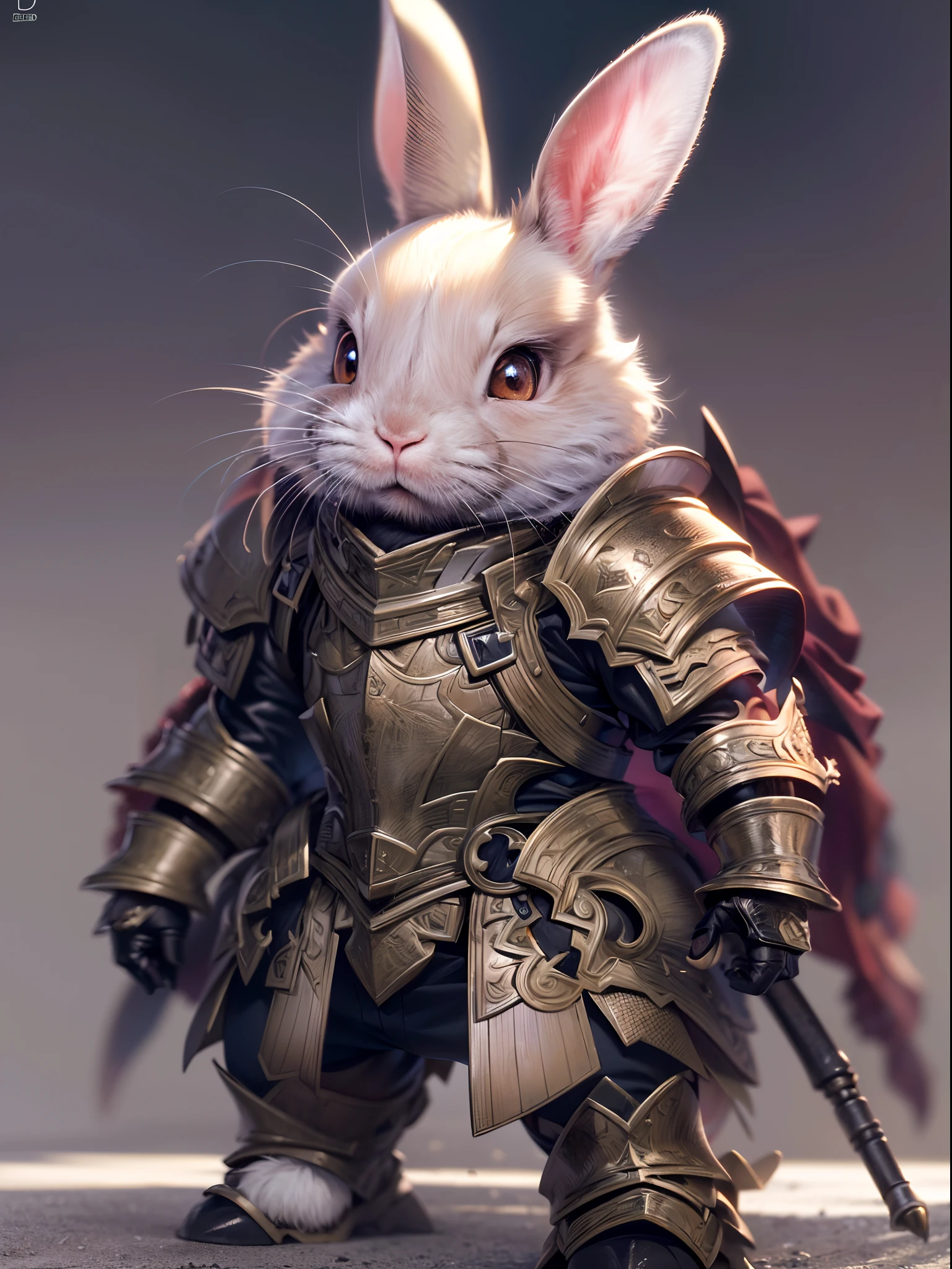 (best quality,4k,8k,highres,masterpiece:1.2),ultra-detailed, (realistic,photorealistic,photo-realistic:1.37), manga style, full body of cute rabbit in armor, detailed eyes and face, vibrant colors, vivid lighting, armored rabbit, manga artwork, digital illustration