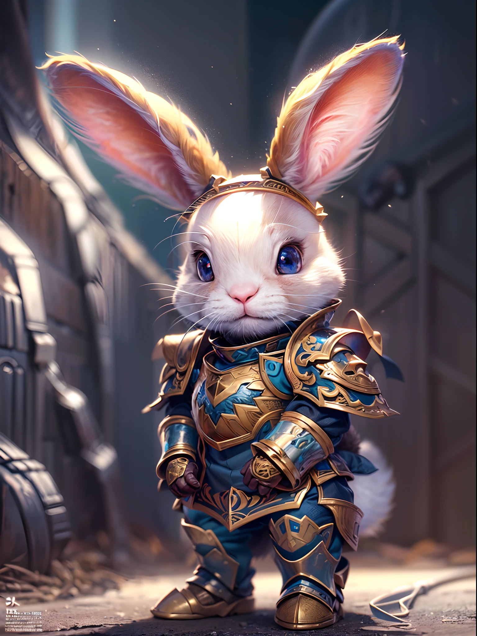 (best quality,4k,8k,highres,masterpiece:1.2),ultra-detailed, (realistic,photorealistic,photo-realistic:1.37), manga style, full body of cute rabbit in armor, detailed eyes and face, vibrant colors, vivid lighting, armored rabbit, manga artwork, digital illustration