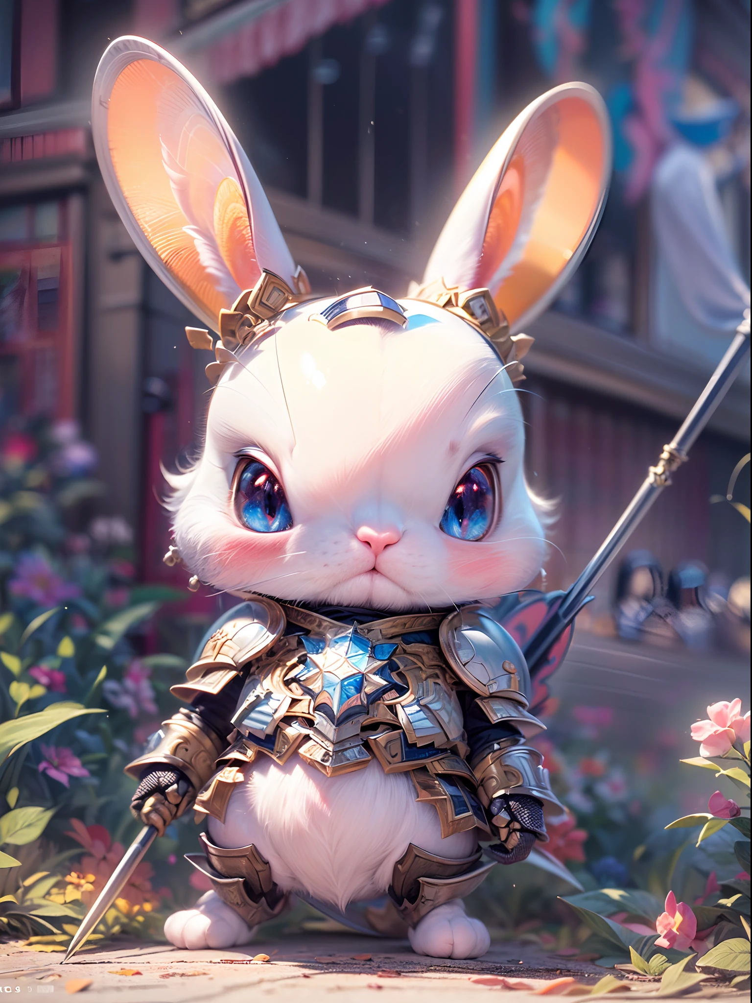 (best quality,4k,8k,highres,masterpiece:1.2),ultra-detailed, (realistic,photorealistic,photo-realistic:1.37), manga style, full body of cute rabbit in armor, detailed eyes and face, vibrant colors, vivid lighting, armored rabbit, manga artwork, digital illustration