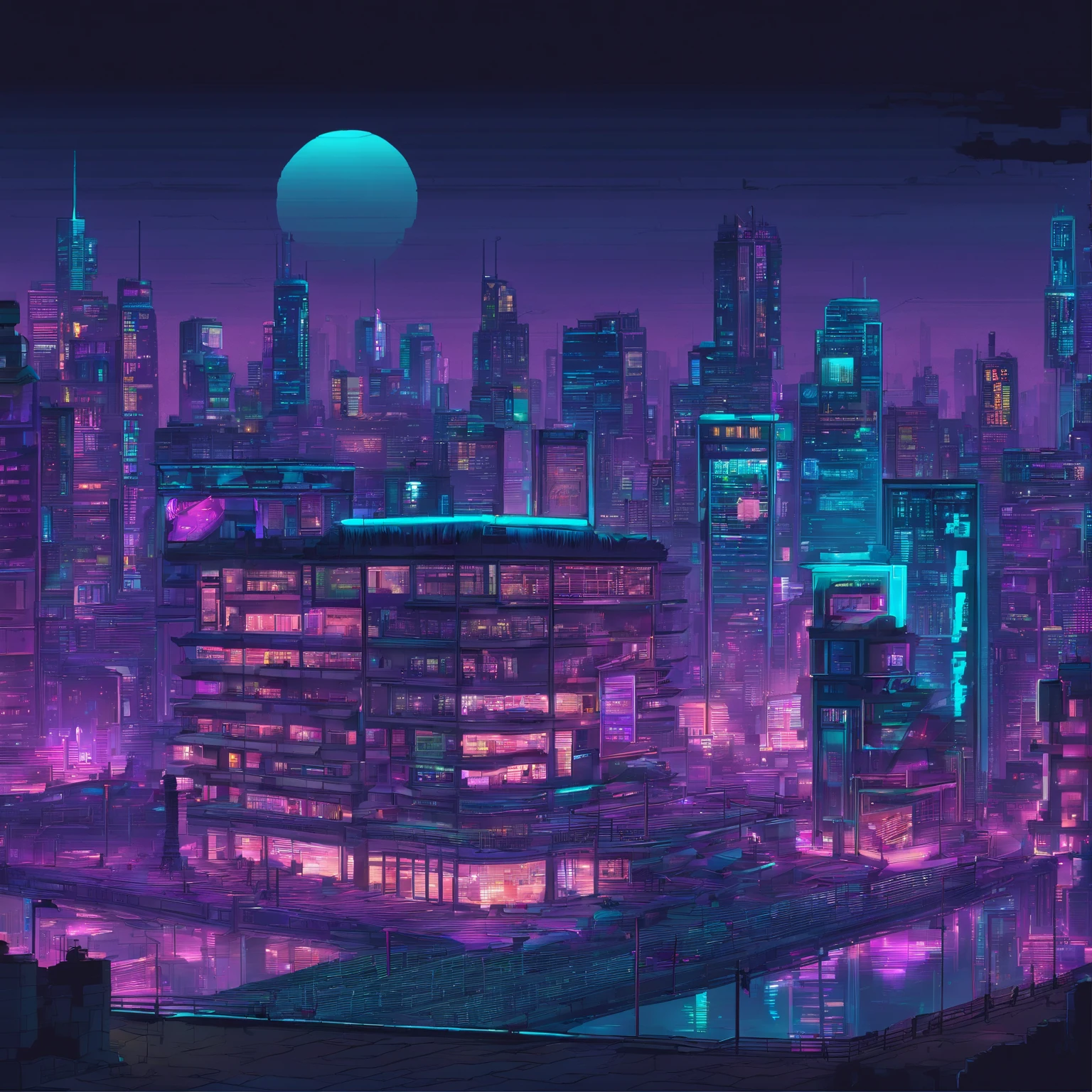 cyberpunk, night city , cyan and purple light, high resolution, 8k resolution, masterpiece , neon light from building, modern city, high detail, high pixel, neon light at night, good lighting, city view, future, futuristic,