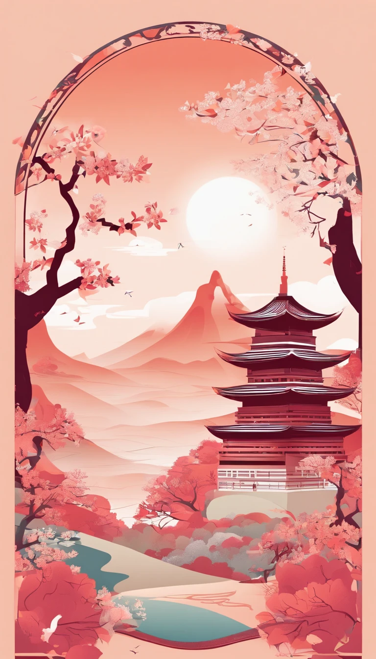 Ancient wind,Beautiful pavilion,Peach blossoms bloom,Clouds,natta,themoon,Towards art,k hd,Hyper-Resolution,accuracy,detail render,(highest quality)(Master masterpieces)(High degree of completion)(a sense of atmosphere)tmasterpiece,ultra - detailed