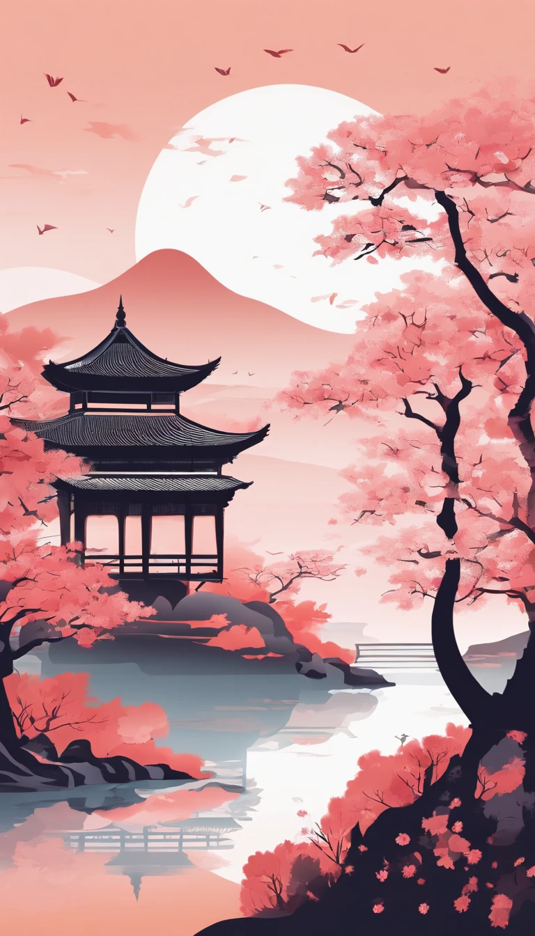 Ancient wind,Beautiful pavilion,Peach blossoms bloom,Clouds,natta,themoon,Towards art,k hd,Hyper-Resolution,accuracy,detail render,(highest quality)(Master masterpieces)(High degree of completion)(a sense of atmosphere)tmasterpiece,ultra - detailed