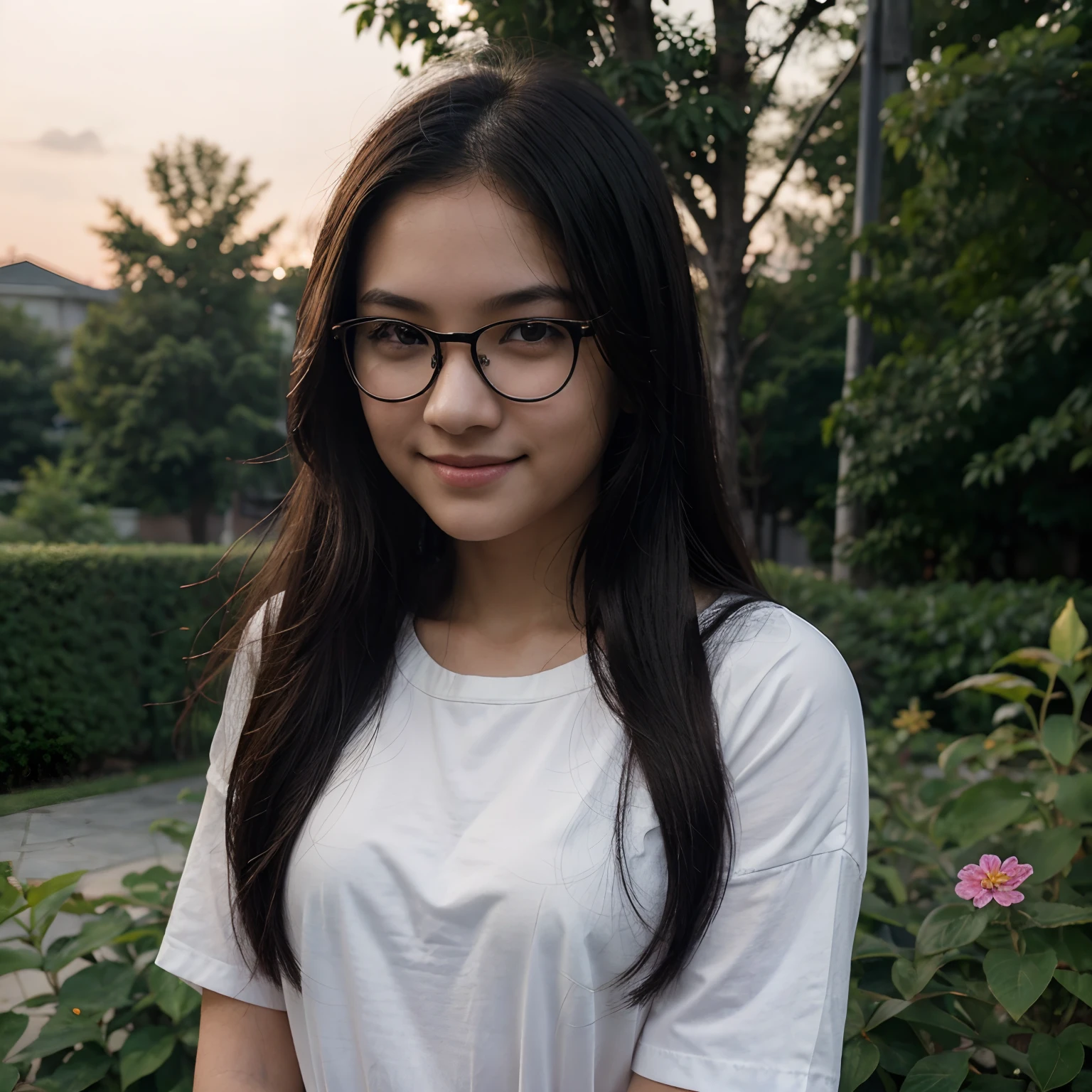 Very young female, half chinese, small slit-eyed, glasses, black hair, flawless white skin, long hair, photorealistic, best quality, hyper detailed, , beautiful woman, selfie photo, upper body, solo, wearing black clothes, smiling at garden, sunset photo, without makeup, school, looking at viewer, skin texture, film grain, close up, ultra high res, best shadow, RAW, instagram LUT