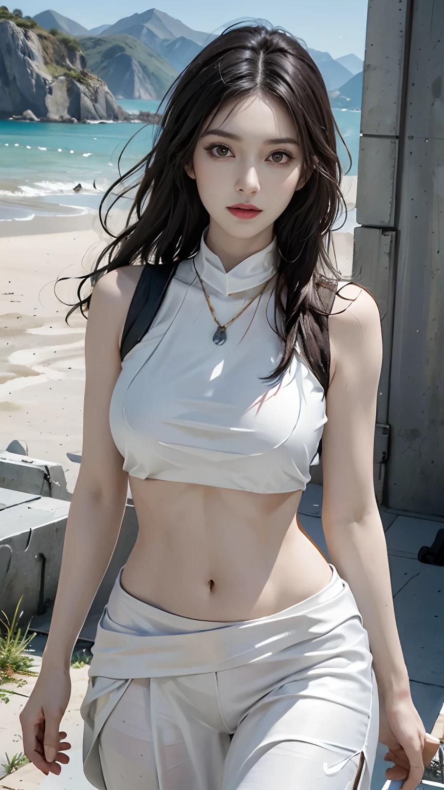 Photorealistic, High resolution, 1womanl, Solo, hips up high, view the viewer, (Detailed face), Black hair, Swat Vest, Jewelry, Battlefield Costumes, White costume, bare stomach, Battlefield Look, Battlefield Background, Engaging pose,