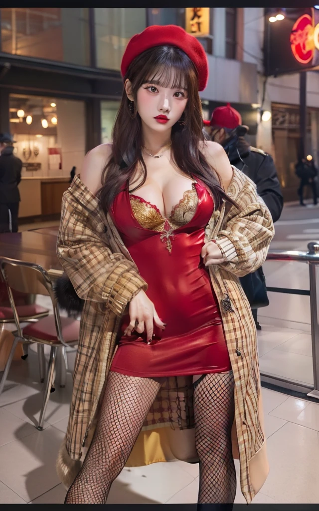 Young Gang Boss、large full breasts、beautiful foot、long、、Good Style、、minidress、long coat of red and gold fur,,,,,,,、fishnet tights、Gangster Boss Hat