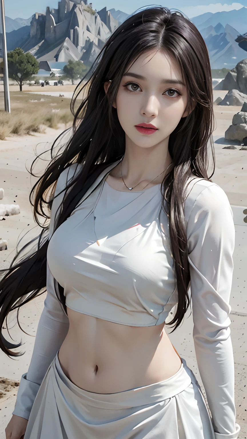 Photorealistic, High resolution, 1womanl, Solo, hips up high, view the viewer, (Detailed face), Black hair, Swat Vest, Jewelry, Battlefield Costumes, White costume, bare stomach, Battlefield Look, Battlefield Background, Engaging pose,