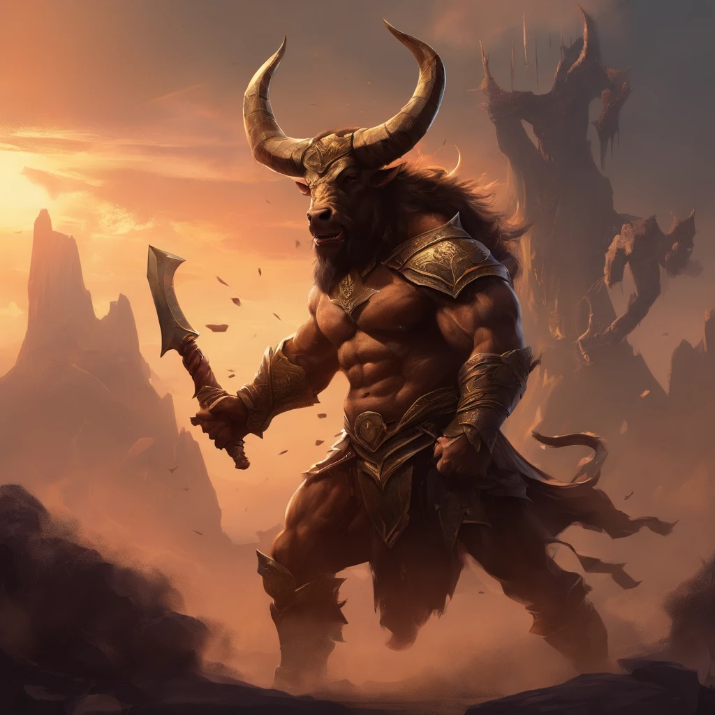 Struck by lightning(Black Minotaur:1.5)，（Minotaur monster with tomahawk：1.8），sense of strength，Standing cow with an axe，Painful expression，(The Minotaur raised its head，Roared to the sky:2)，Funk，shudder，Gothic，baroque，（The arc was released from the female mage's hand），Electric current travels around，Medieval landscape，Fantastical，4K，best qualtiy，primitive，（(Ultra-detailed and high-precision details))，Power Hero & Magic 3，Fantastical，The background is the canyon plain，The scene is impressive