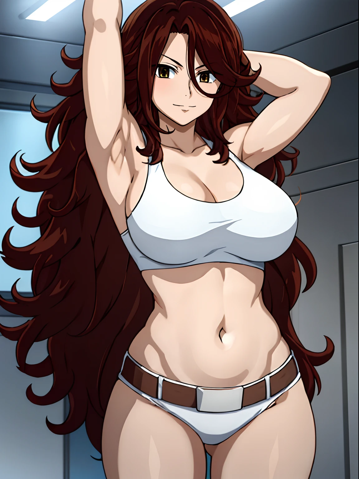 ((solo)), Best Quality, hires, curvy midsection, strong woman, female wrestler, smile, happy), upper body only, anime style: 1.8, anime drawing, ultra detailed face, ultra detailed body, 4k, Sumergai Lee Noriega, (standing), best quality, anime style, hires, highest definition, digital blending, bold drawing lines, (((White Background))), ( pro female wrestler, long attractive belly, slim body, (strong arm muscles), broad shoulders , off-shoulders, closed fists, (very curvy: 2.8)), (blouse, shorts, white gloves, arm band, arm band, (champion belt))), (pale skin, big breasts, closed mouth), (big eyes, brown eyes, shiny eyes), (reddish hair, loose hair, curly hair, wavy hair, long hair, missy hair), 27 years old