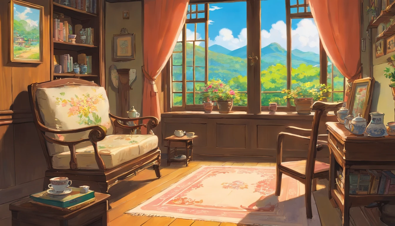 realisticlying, Authentic, Beautiful and amazing landscape oil painting, A room for the elderly, beside the window,Rocking chair, There was tea and reading glasses on the table