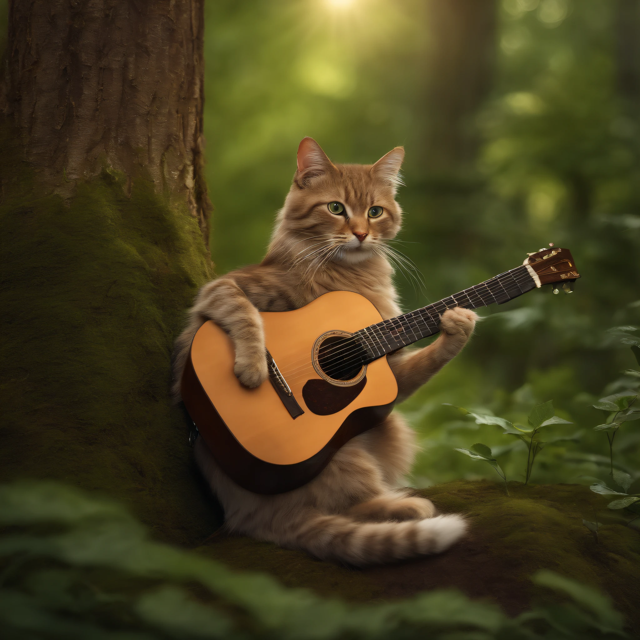 cat, plays the guitar, Fairy-tale character, woods, green tones, hiquality, photo realism