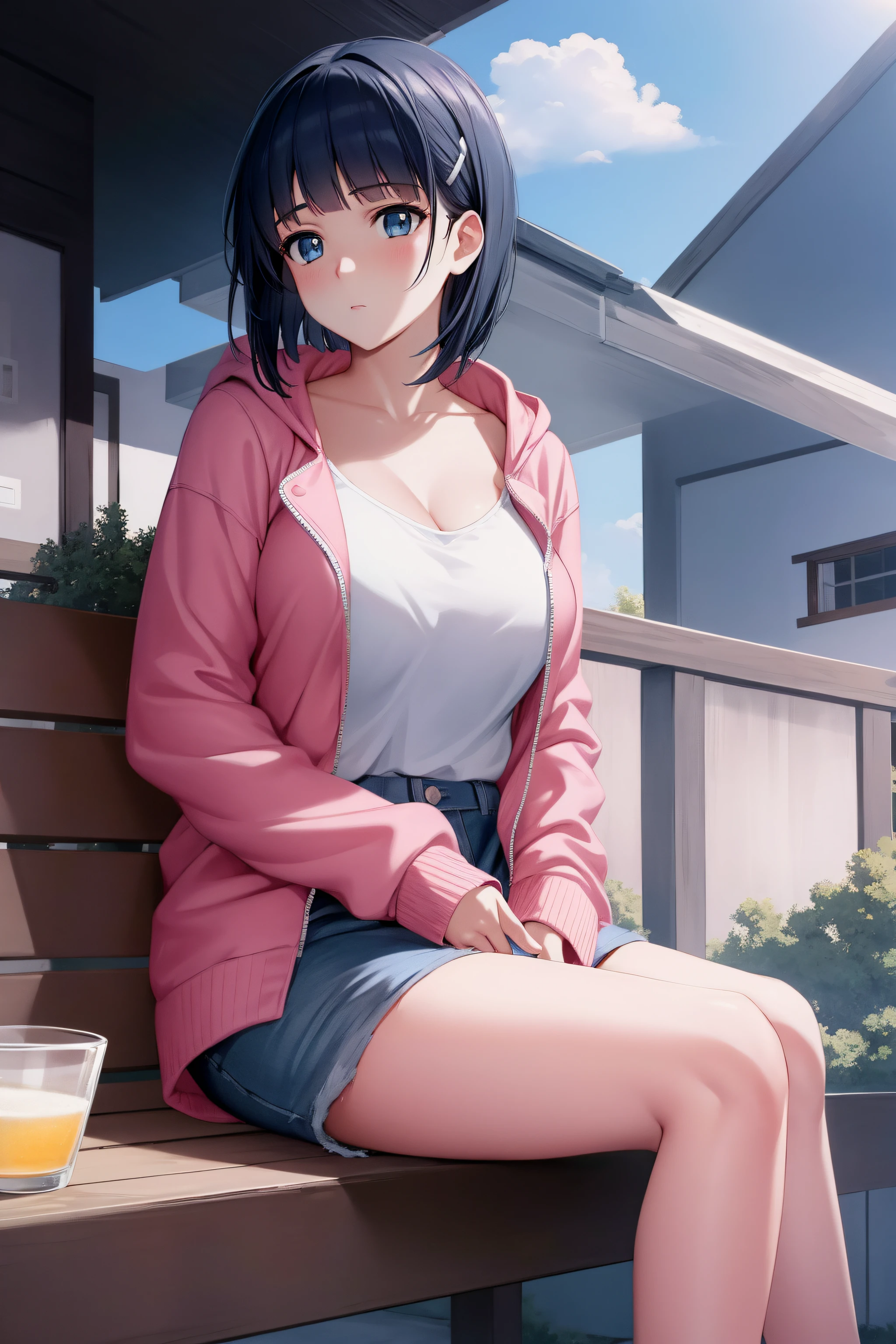 (day:1.7), sky background,a blue sky and clouds,
sitting at attention,sitting on couch,
Pink_jacket,Pink_pants,Deep cleavage, 
aasugu, short hair, hairclip,
1 girl, 20yo,mature female,Beautiful Finger,Beautiful long legs,Beautiful body,Beautiful Nose,Beautiful character design, perfect eyes, perfect face,
looking at viewer, (innocent_big_eyes:1.0),(expressionless:1.3),
NSFW,official art,extremely detailed CG unity 8k wallpaper, perfect lighting,Colorful, Bright_Front_face_Lighting,
(masterpiece:1.0),(best_quality:1.0), ultra high res,4K,ultra-detailed,
photography, 8K, HDR, highres, absurdres:1.2, Kodak portra 400, film grain, blurry background, bokeh:1.2, lens flare, (vibrant_color:1.2)
(Beautiful,medium_Breasts:1.4), (beautiful_face:1.5),(narrow_waist),(perfect hands, perfect anatomy),