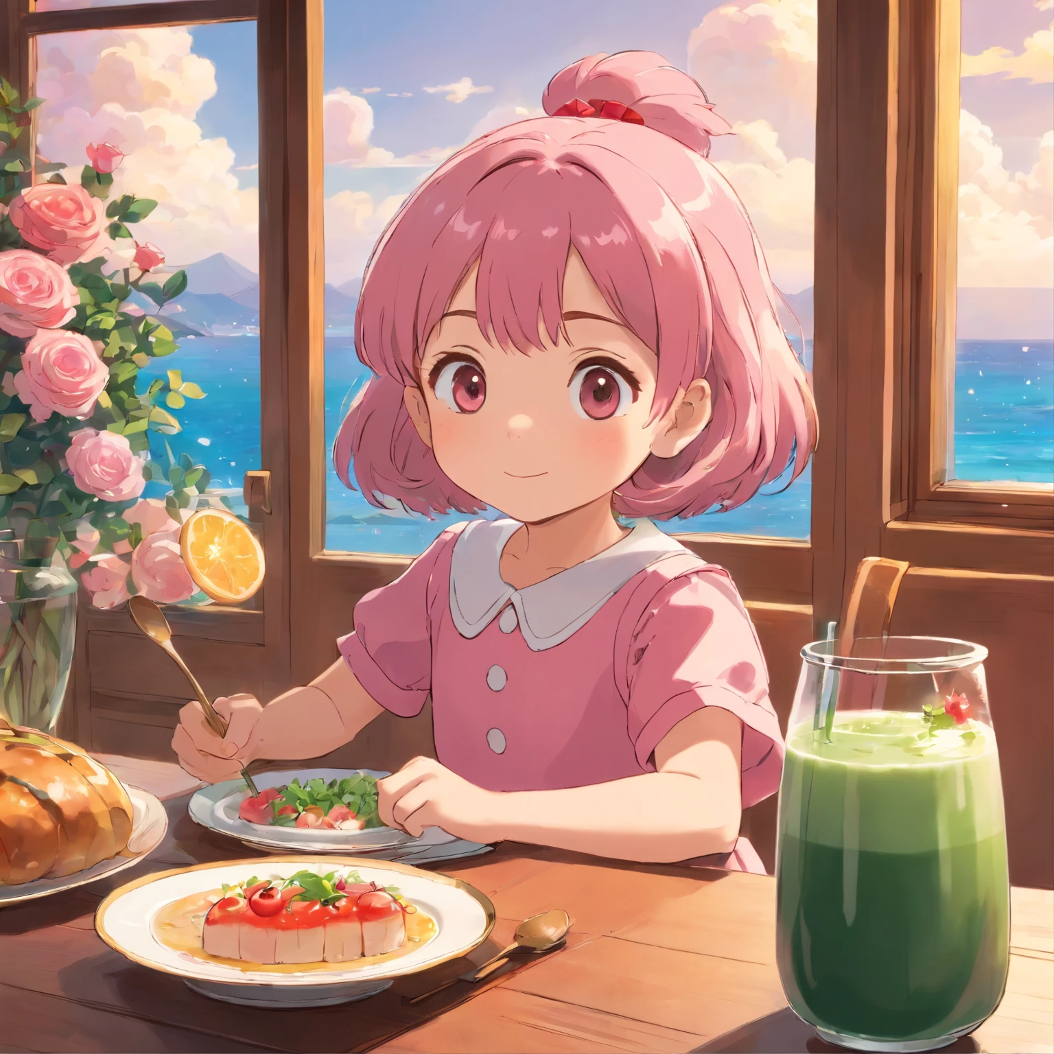 5 year old girl sitting at the dining table,largeeyes,Happy and bright,Juice on the table,for breakfast,Sunny sea view from the window,Warm and healing,Cute expressions,Roses by the window,Unique hairstyle,Half-blood kawaii,Pink atmosphere