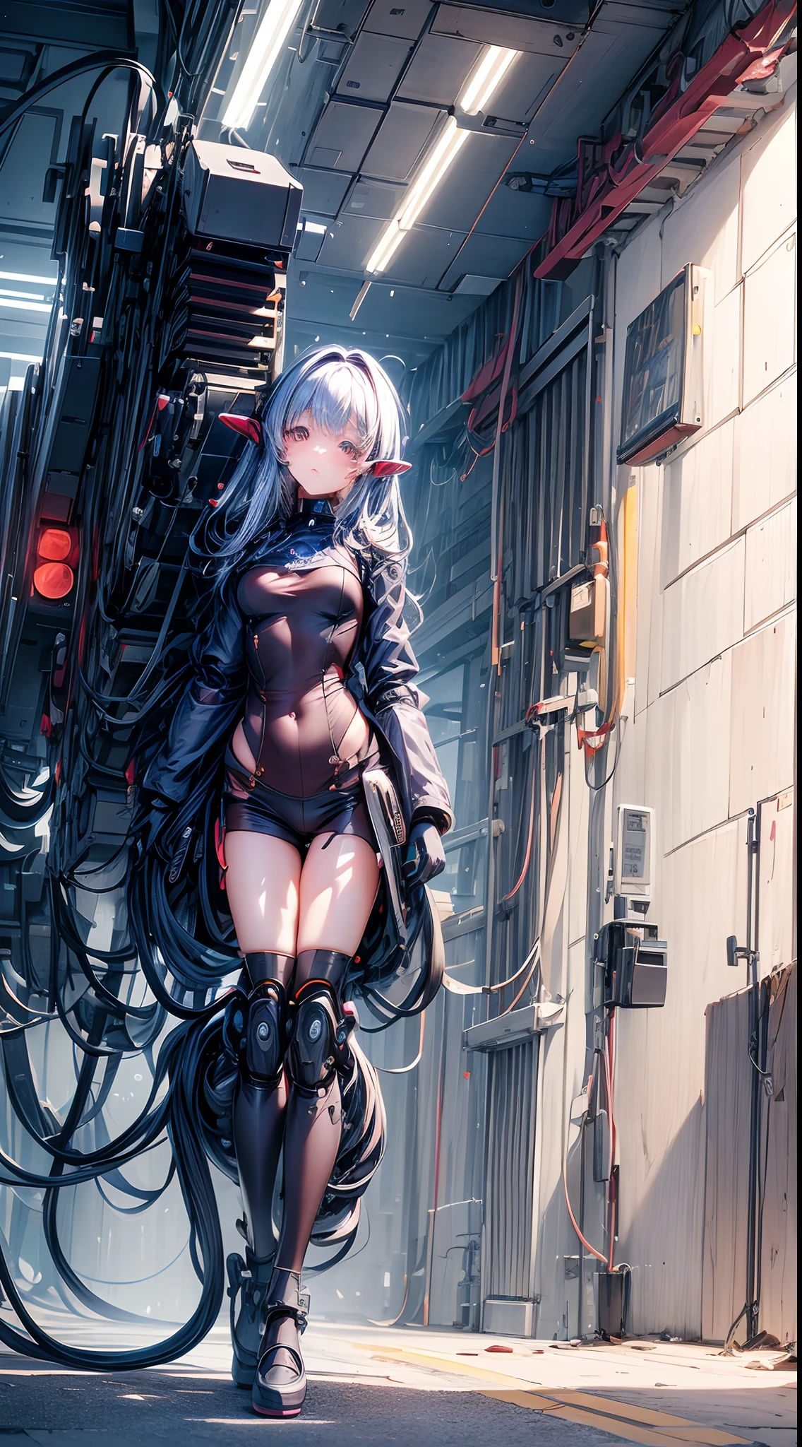 (((masterpiece)))、((top-quality))、(The ultra-detailliert)、(CG Illustration)、(Very Beautiful ))、Cinematic Light、((1 Mechanical Girl))、thing、deadpan、 scientific fiction、Apocalypse、Erotic grotesque、Fusion of machines and tentacles、Ultra-future、Inorganic、research institute、srestrained、(Beautiful and indulgent:1.2)、(1girl in:1.3)、Body wrapped around the tentacles of a machine