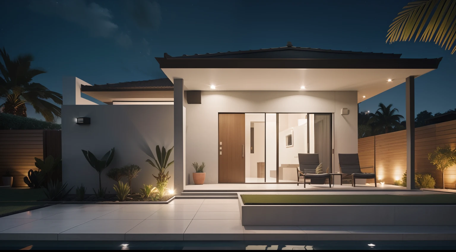 Southwest front view, casa, ((estilo moderno), uma gararem,uma porta,uma janela, entrada concretada, jardim,night ligthning, Lumion Pro rendering, cinematic quality