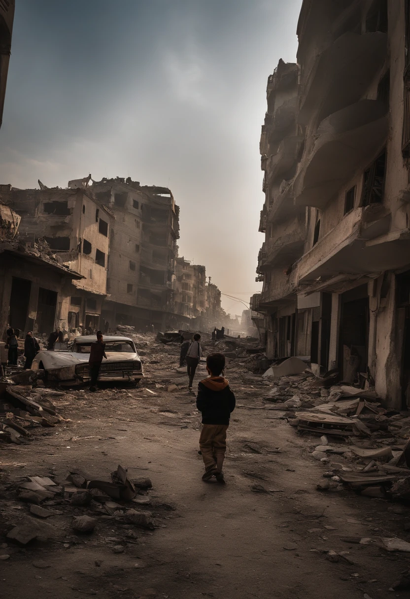 Flag Palestina,10-year-old boy in front of a scene of destruction that shows all the horror of war, houses, bridges and buildings in ruins, fire and smoke everywhere.