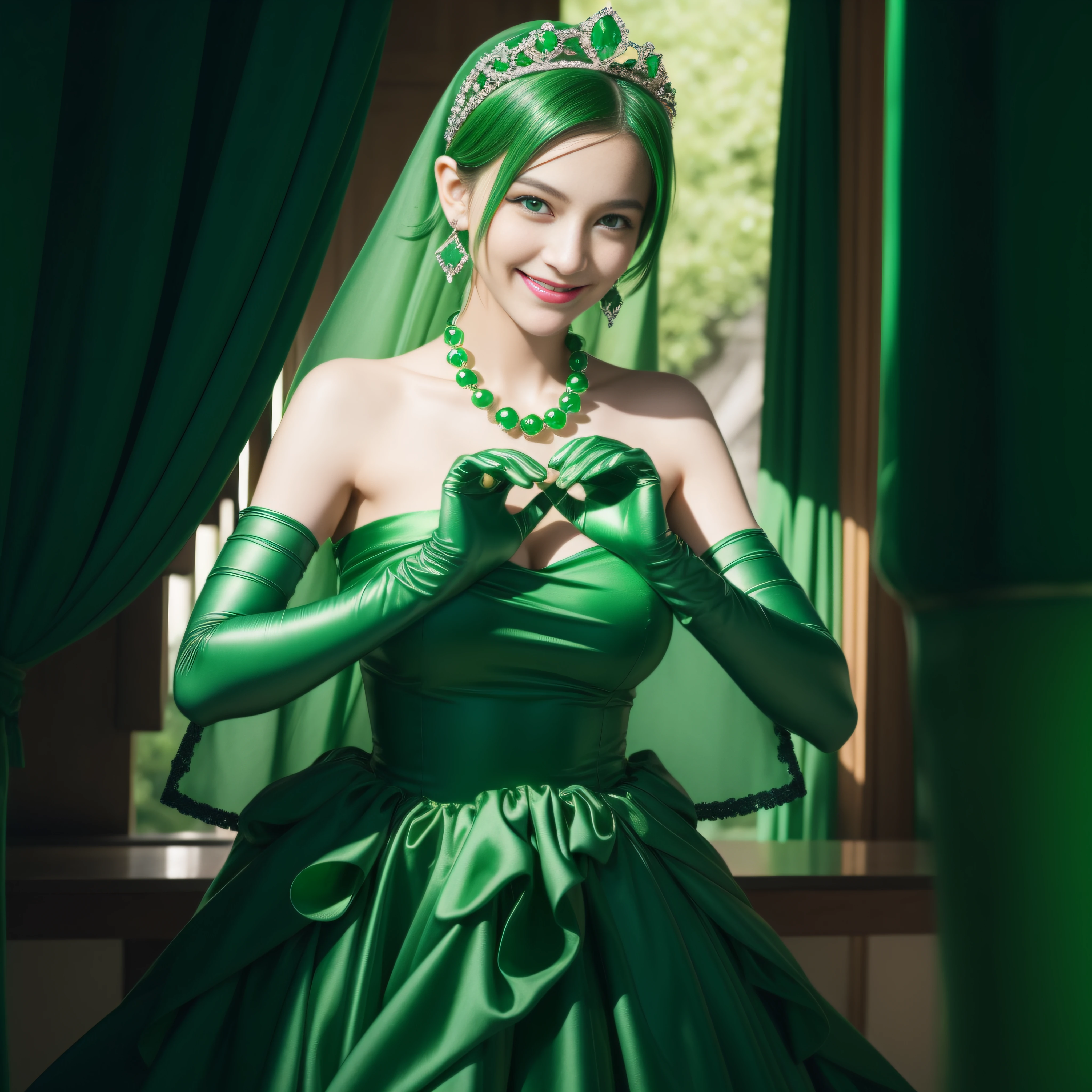 emerald tiara, Green Pearl Necklace, Boyish very short green hair, lipsticks, Japan woman smiling, very short short hair,  big breasts beautiful, Green eyes, Long green gloves made of satin material, Green eyes, Emerald Earrings, green vale, Heart with both hands,Green hair