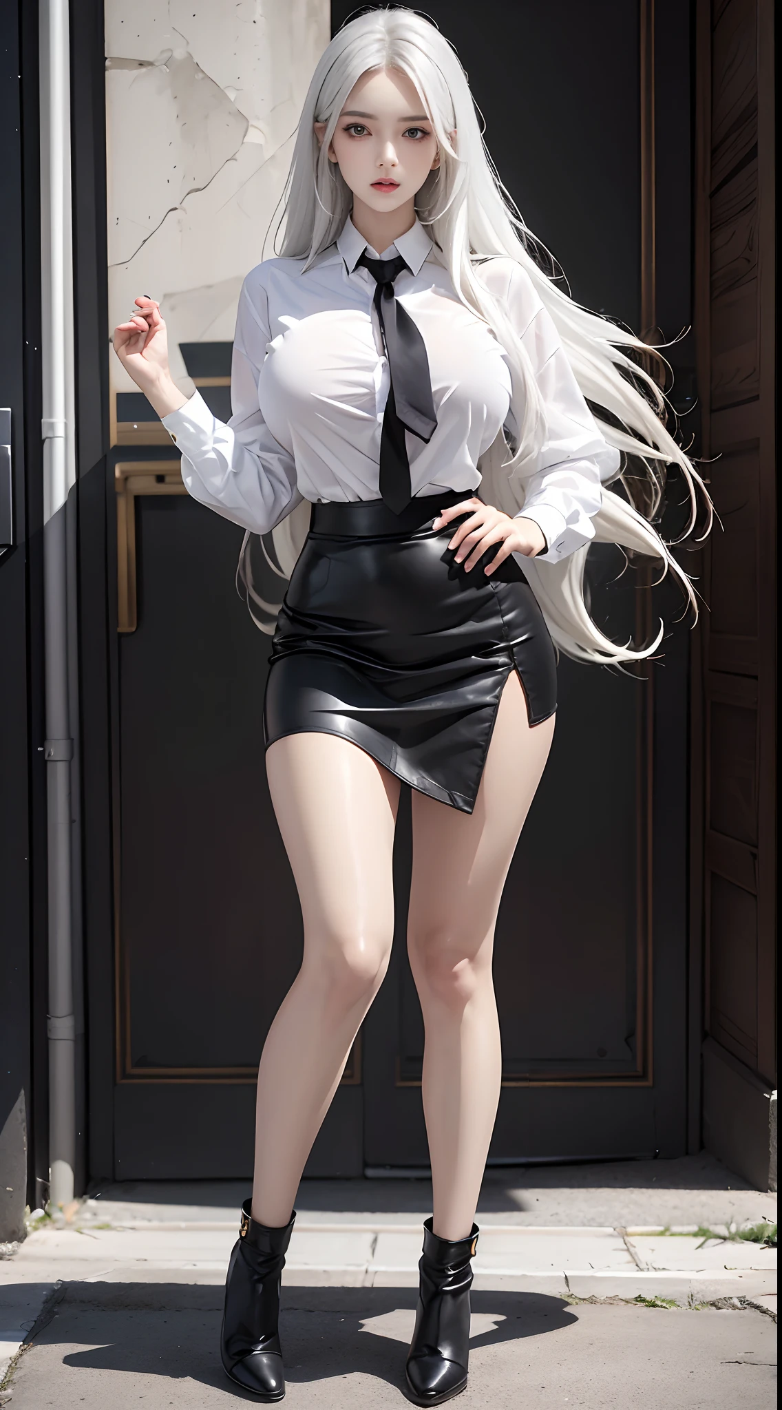 Photorealistic, high resolution, full body shot shot,1. extremely hyper, Busty and sexy little woman,extremely hyper,Have oversized big breasts,Long cleavage,Extremely large breasts, big breasts thin waist,Especially the exaggerated giant fat buttocks,Unbelievably exaggerated long legs,Super long big thick legs, Hips up, Beautiful eyes, White hair, Long hair, ringed eyes, Collared shirt, black necktie,Black skirt, pencil skirts,Black booties,full body shot shot。