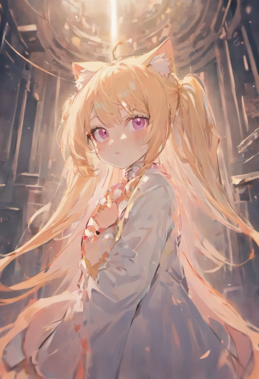 Anime girl with a pair of cat ears, There are soft white villi on the inside of the ear, Her eyes widened,inquisitive, She was happy to see me, Beautiful eyes, White hair, Pink eyes, good art, Good painting, Anime 2D, 2D, Big, Leaking out of the chest,2 hands and 5 fingers per hand, Beautiful hands, Well drawn, 4K, 8K,