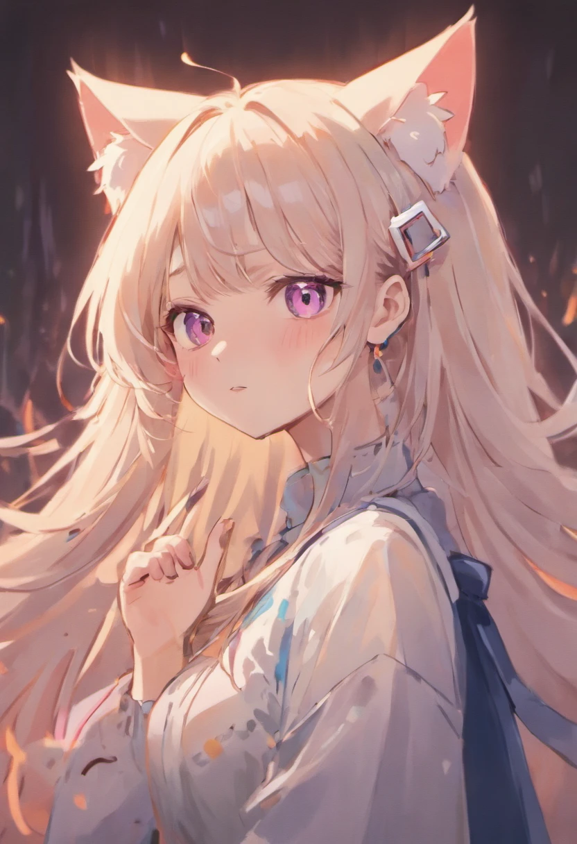 Anime girl with a pair of cat ears, There are soft white villi on the inside of the ear, Her eyes widened，inquisitive, She was happy to see me, Beautiful eyes, White hair, Pink eyes, good art, Good painting, Anime 2D, 2D, Big, Leaking out of the chest，2 hands and 5 fingers per hand, Beautiful hands, Well drawn, 4K, 8K,