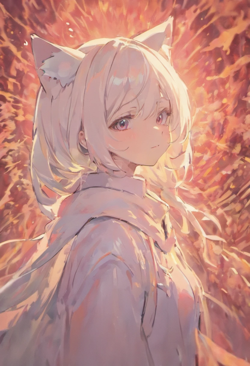 Anime girl with a pair of cat ears, There are soft white villi on the inside of the ear, Her eyes widened，inquisitive, She was happy to see me, Beautiful eyes, White hair, Pink eyes, good art, Good painting, Anime 2D, 2D, Big, Leaking out of the chest，2 hands and 5 fingers per hand, Beautiful hands, Well drawn, 4K, 8K,