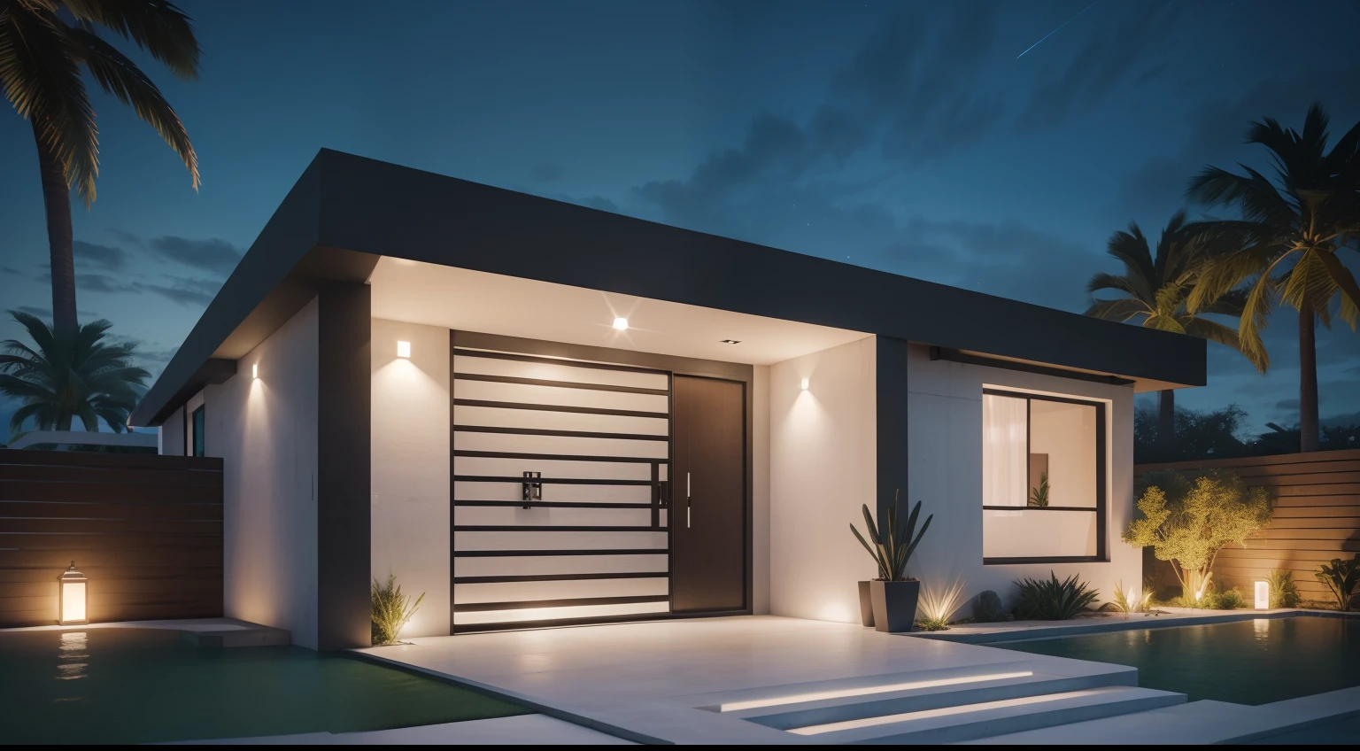 Southwest front view, casa, ((estilo moderno), uma gararem,uma porta,uma janela, entrada concretada, jardim,night ligthning, Lumion Pro rendering, cinematic quality