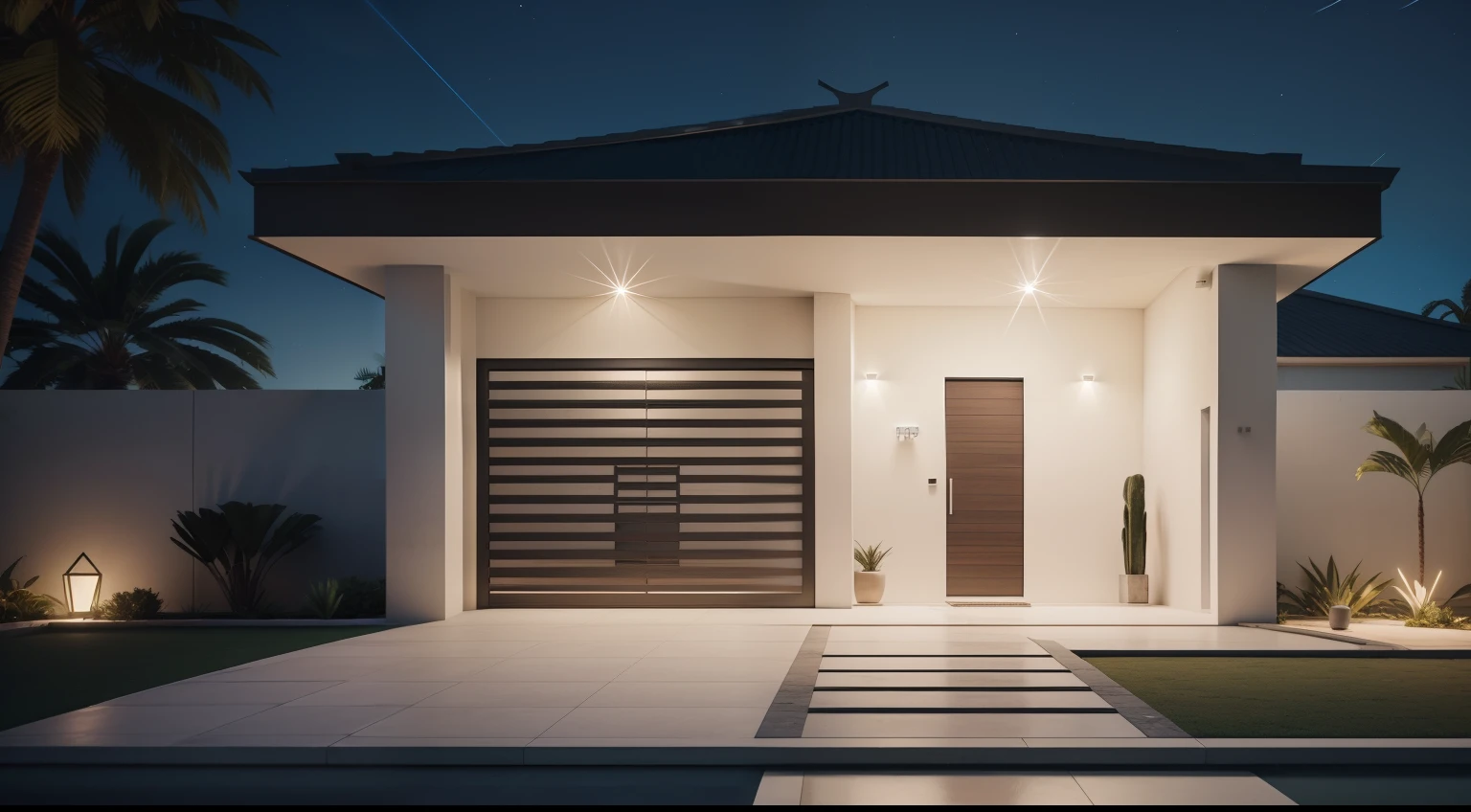 Southwest front view, casa, ((estilo moderno), uma gararem,uma porta,uma janela, entrada concretada, jardim,night ligthning, Lumion Pro rendering, cinematic quality