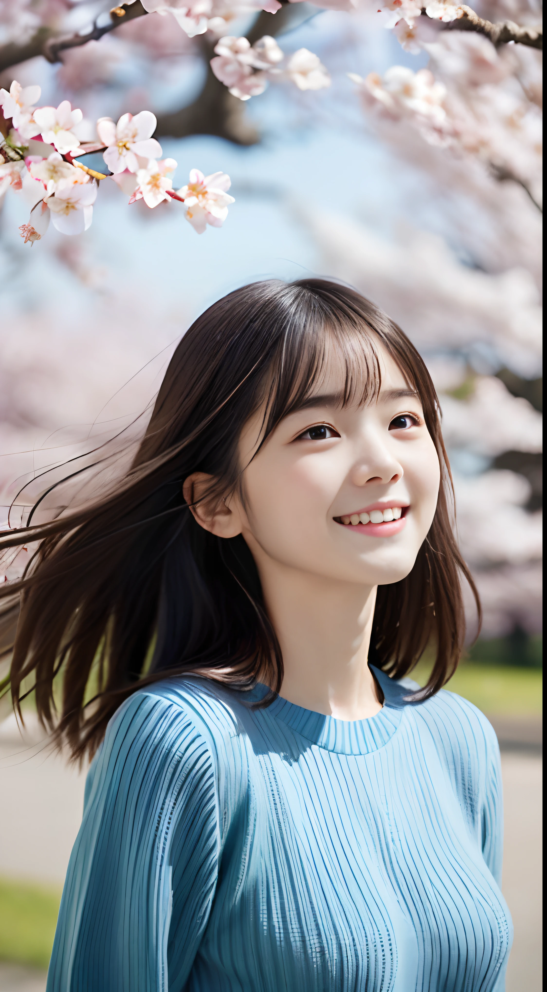 (Spring colorful sweaters and shirts、Low angle shot of one girl with slender small breasts and long hair with dull bangs :1.5)、(Low angle shot of a girl dancing happily、the hair flutters with the wind :1.5)、(Rows of cherry blossom trees in full bloom and cherry blossom petals dancing in the wind:1.5)、(Perfect Anatomy:1.3)、(No mask:1.3)、(complete fingers:1.3)、Photorealistic、Photography、masutepiece、top-quality、High resolution, delicate and pretty、face perfect、Beautiful detailed eyes、Fair skin、Real Human Skin、pores、((thin legs))、(Dark hair)