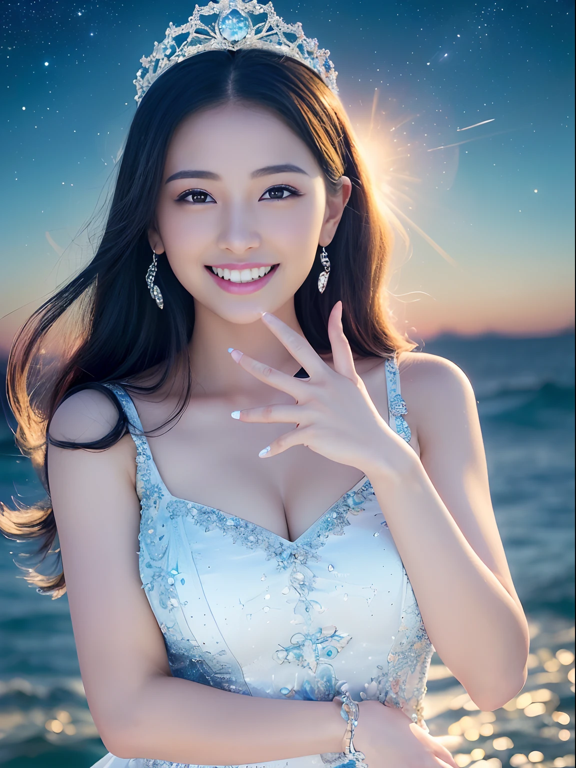 ((Princess of the Japan,Pretty Princess,Phenomenally cute schoolgirl,The cutest woman,goddess of Japan, bulging chest,large full breasts,)),((a hyperrealistic schoolgirl,Elegant and beautiful uniforms,Elegant décor,jewel decorations,Sparkling tiara,artistic décor,Gorgeous uniforms、Princess,Women's Uniforms,Gorgeous and elegant uniforms,Luxury beyond imagination,The most gorgeous decorations in the world, Decorated with many ornaments,Dazzling light, Golden decoration),((Fantastic sea,The sea sparkles like a jewel,Detailed sea, Fine shine,Glittering Sea,Glittering background,Sparkling water surface,Detailed ocean depiction,The most realistic and complex backgrounds,the complex background,Highly detailed and realistic backgrounds)),(((nigh sky,nigh sky,Full Night,the ocean at night,starrysky,Shining starry sky,Fantastic starry sky,,Best Starry Sky,Meteor swarm,shooting stars,Giant shooting star)),(((See the perfect camera here,Big smile,Clean teeth,perfect teeth,White teeth,finerly detailed face,Quality and beautiful face,Clear and beautiful face,Perfect gas chamber,Perfect fingers,Perfect hands,Accurate 5 fingers)),Top image quality,8K,SLR Camera Photography,professional photograpy,Realistic quality
