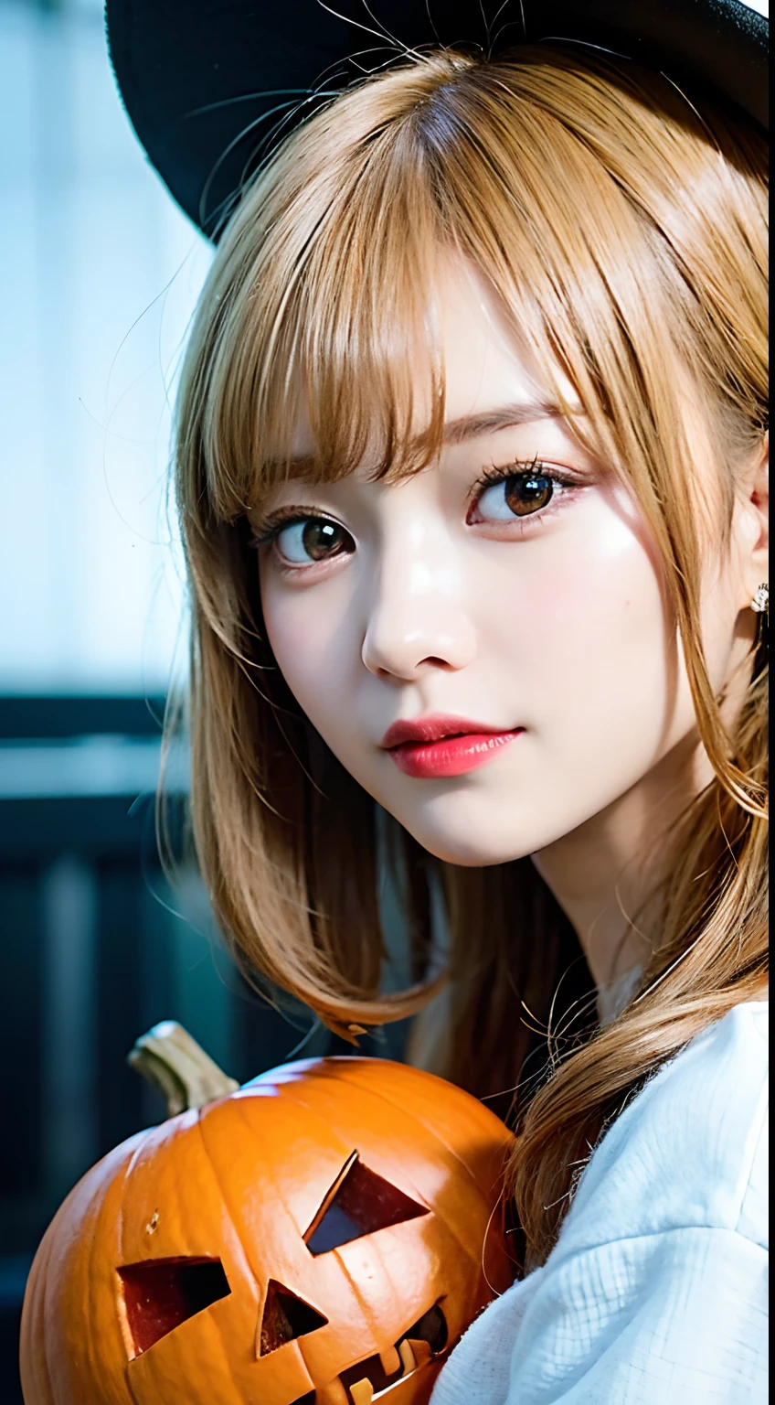 (8K, Raw photo:1.2)Detailed face and eyes,Best Quality, 超A high resolution, Highly detailed ,intricate detailes ,masutepiece ,Cute Girl , Soft cinematic light, Hyper-detailing,Sharp Focus, High quality, Halloween, Jack-o'-lantern, tits out, a blond, Bob Hair, bob cuts, Pumpkin Cap