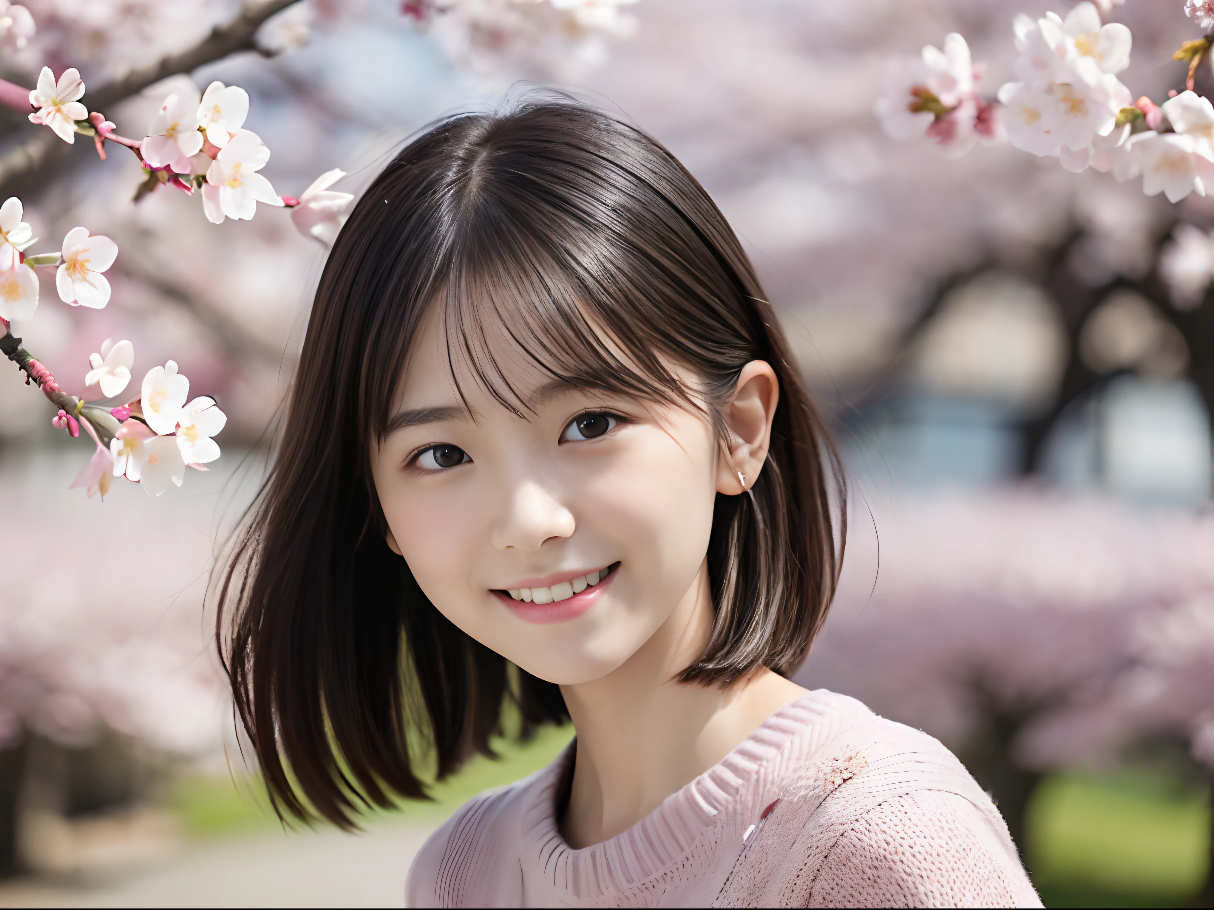 (Spring colorful sweaters and shirts、Low angle shot of one girl with slender small breasts and short hair :1.5)、(Low angle shot of a girl dancing happily、the hair flutters with the wind :1.5)、(Rows of cherry blossom trees in full bloom and cherry blossom petals dancing in the wind:1.5)、(Perfect Anatomy:1.3)、(No mask:1.3)、(complete fingers:1.3)、Photorealistic、Photography、masutepiece、top-quality、High resolution, delicate and pretty、face perfect、Beautiful detailed eyes、Fair skin、Real Human Skin、pores、((thin legs))、(Dark hair)