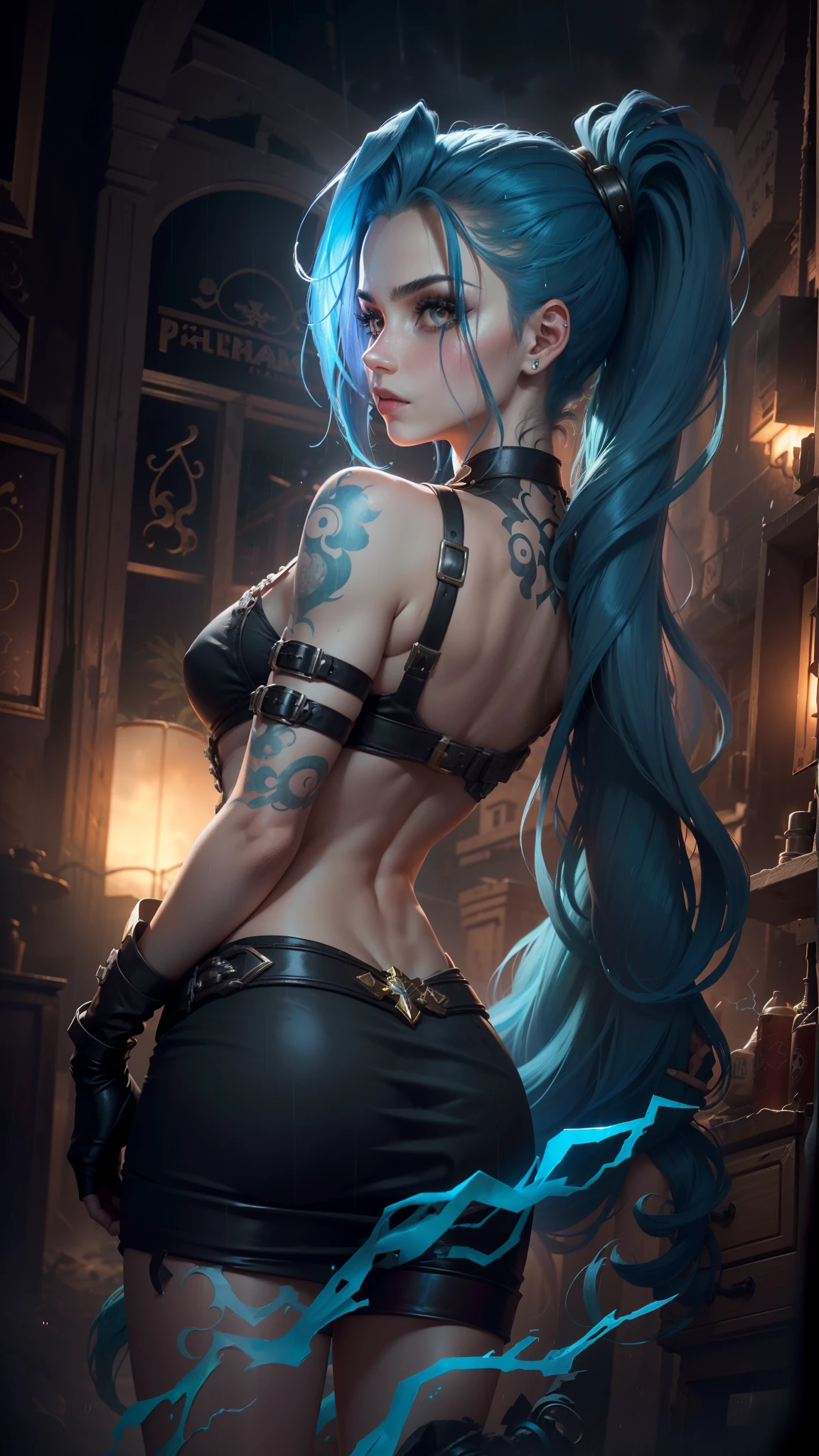 (((melhor qualidade)), ((obra-prima)), (altamente detalhado:1.3), ......3d, estilo arcano,In the dark and brave dystopian town of Piltover, plagued by violence and divided into two opposing factions, emerges a young prodigy named Jinx. de costas para o expectador, Woman with her back to you, Jinx with her back to you, cidade em chamas, Rain and thunder, cidade abandonada