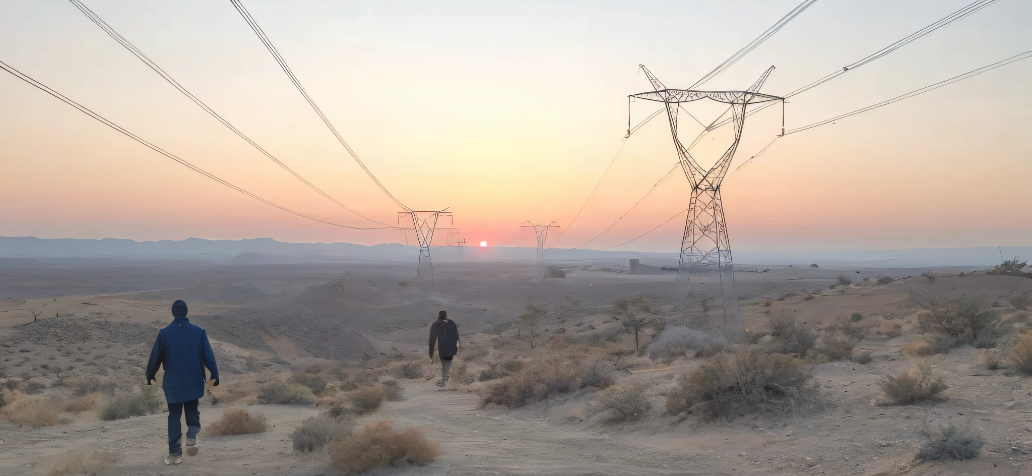Two men were walking in the desert near the power line, Power line at sunset, pylons, at a beautiful sunset, Fix HD