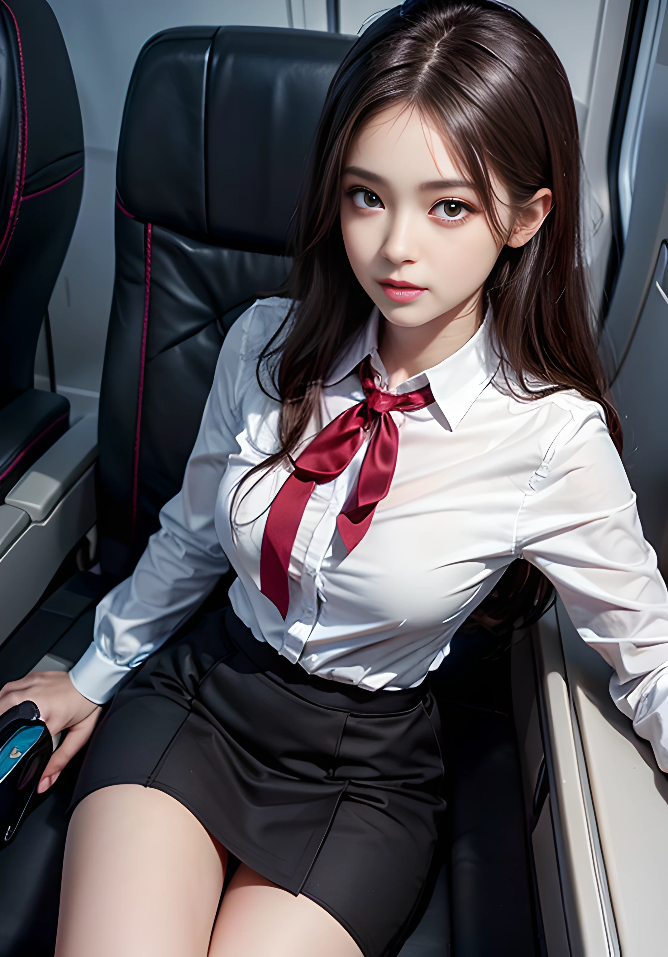 best quality, masterpiece, 8k, ultra high res, (photorealistic:1.4), highly detailed, intricate detail, delicate and beautiful, good lighting, professional lighting, sharp focus, detailed shadows, exquisite details and textures, depth of field, unity 8k wallpaper, cinematic composition, cinematic lighting, official art, Cabin Crew, flight attendant, black pantyhose, (aircraft, (Aircraft Corridor), Aircraft seats) beautiful elegant face, detailed face, detailed eyes, realistic hair, long hair, (1girl), (standing:1.3),