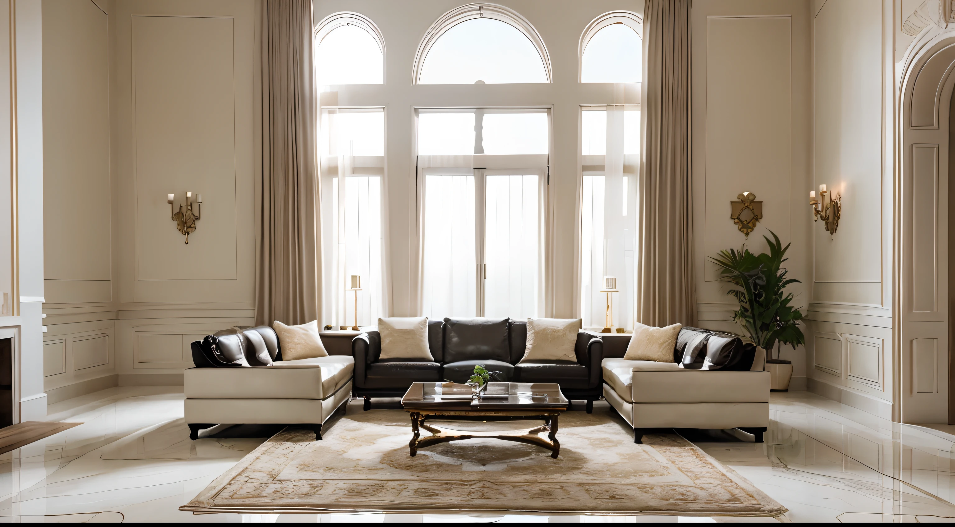 high resolution photography interior design, dreamy sunken living room conversation pit, big leather couch looking royal, marble floor, high ceiling, beige black white pastel palette, interior design magazine, cozy atmosphere