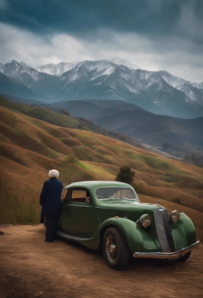 There's a car on a hill,(car :1.5) and an old couple is standing on top of it looking into the distance,masterpiece,best quality,,tangguo,outdoor,mountain