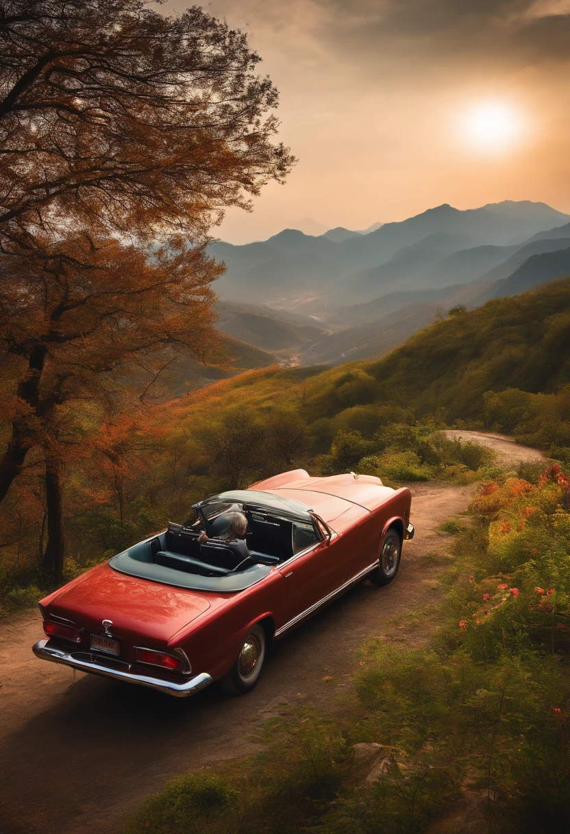 There's a car on a hill,(car :1.5) and an old couple is standing on top of it looking into the distance,masterpiece,best quality,,tangguo,outdoor,mountain