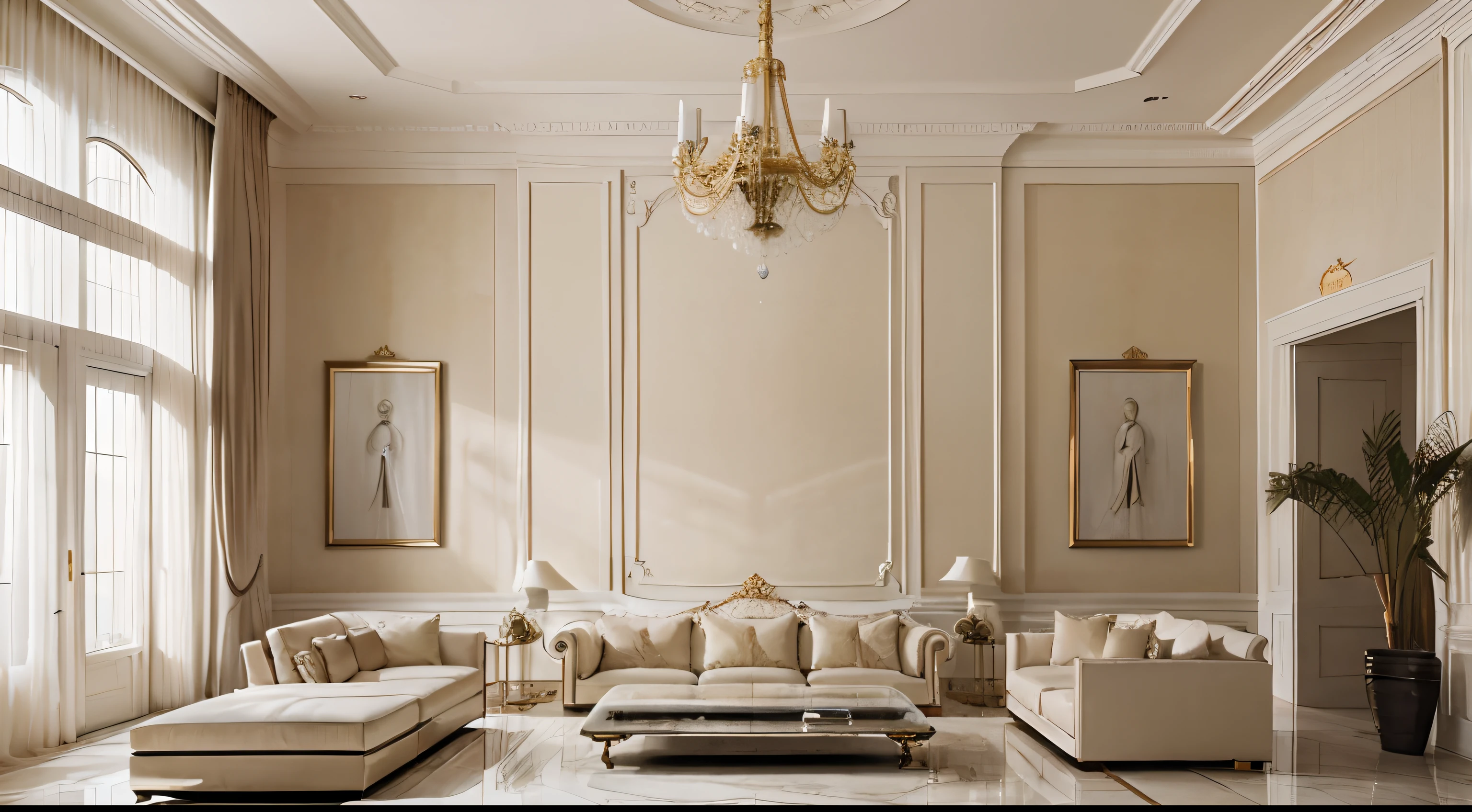 high resolution photography interior design, dreamy sunken living room conversation pit, big leather couch looking royal, marble floor, high ceiling, beige black white pastel palette, interior design magazine, cozy atmosphere