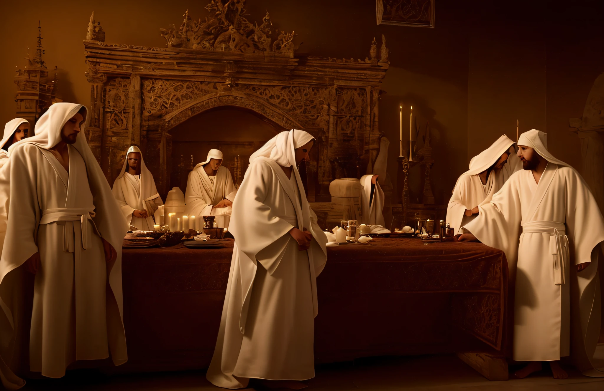 several people dressed in white robes standing around a bed, robed figures sat around a table, dressed in white robes, wearing white robes!, white robes, wearing white robes, flowing white robes, ancient kings in white robes, golden-white robes, clad in robes, religious robes, wearing robes, covered in robes, in dark robes with gold accents, Dark atmosphere, high analysis, professional photography,8K,