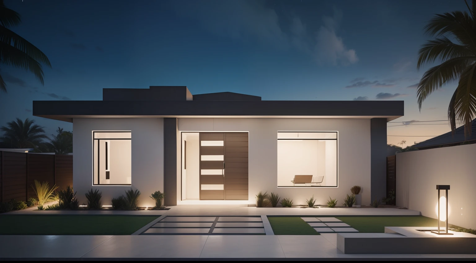 Southwest front view, casa, ((estilo moderno), uma gararem,uma porta,uma janela, entrada concretada, jardim,night ligthning, Lumion Pro rendering, cinematic quality