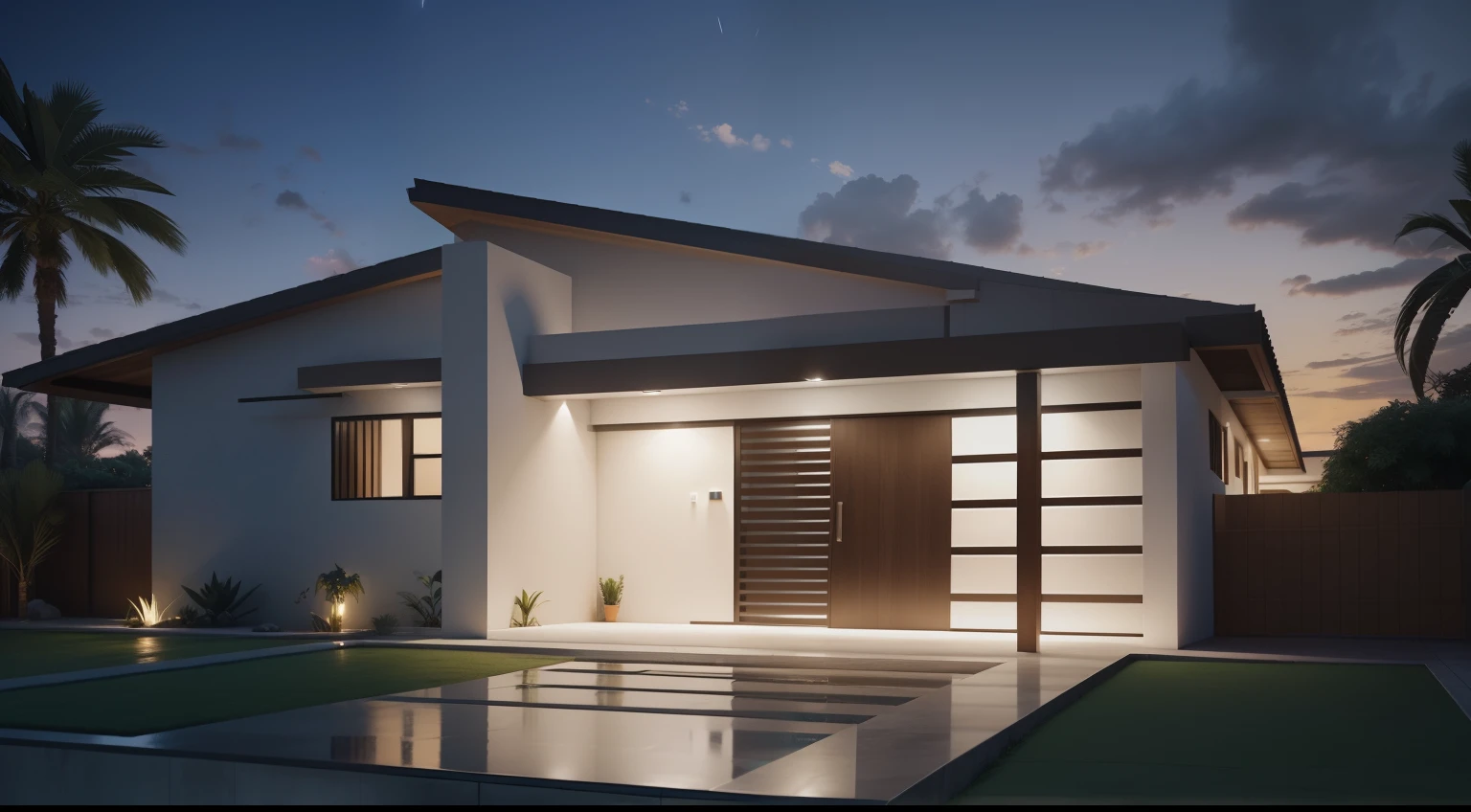 Southwest front view, casa, ((estilo moderno), uma gararem,uma porta,uma janela, entrada concretada, jardim,night ligthning, Lumion Pro rendering, cinematic quality