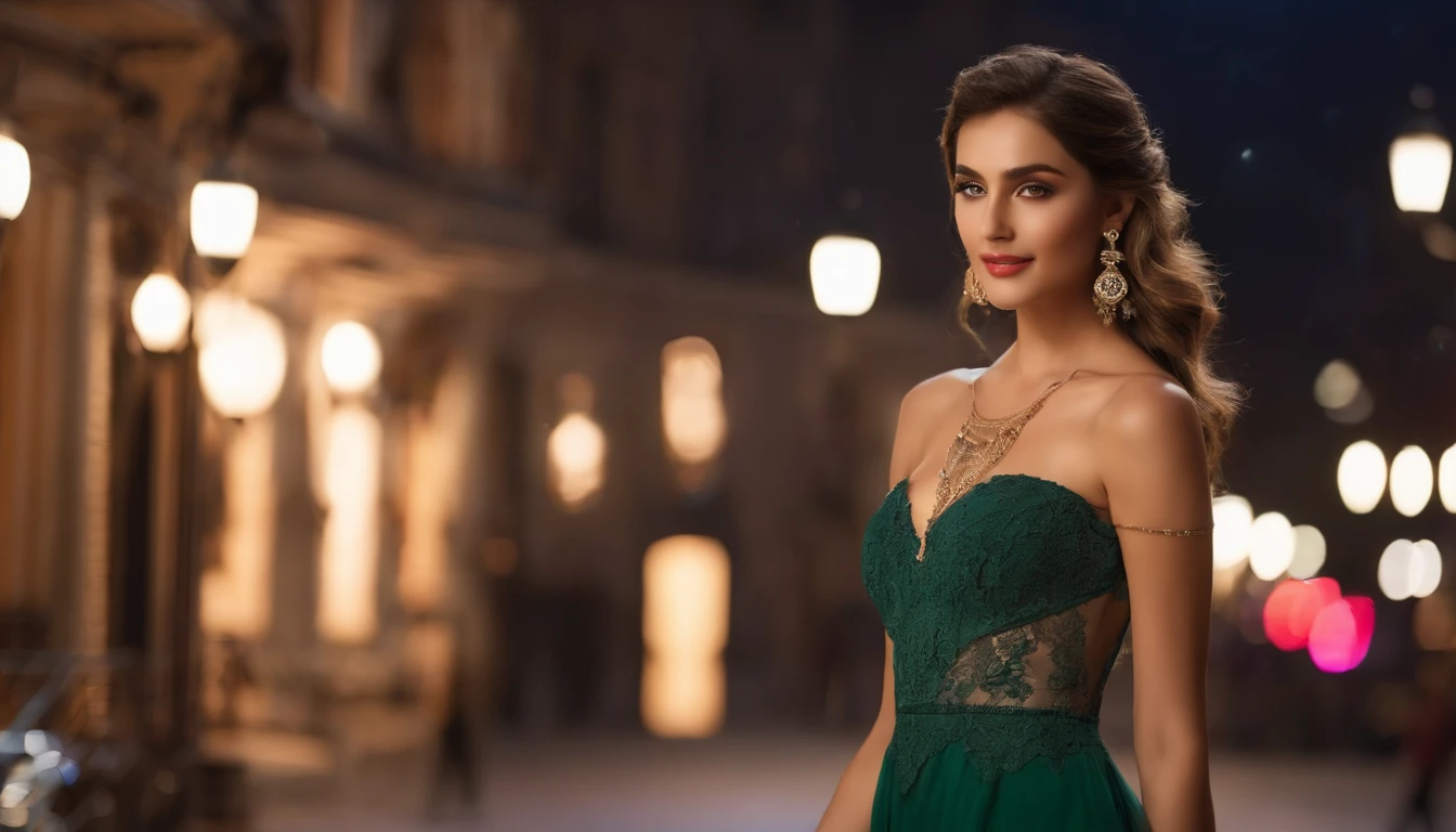 8k, masterpiece, RAW photo, best quality, detail:1.2),photorealistic, extremely detailed CG unity 8k wallpaper, Depth of field, Cinematic Light, Lens Flare, Ray tracing, (extremely pakistani beautiful face, beautiful red lips, beautiful eyes), intricate detail face, ((ultra detailed skin)), 1girl, in the dark, deep shadow, pretty girl,(slim slender fit-muscled body:1.3), ((looking at viewer)),(big smile), (laced dress), (shot sleeve) , (city night, (neon sign), (night), earrings, bracelets, necklace, pantyhose, clear eyes, makeup, walking, face forward, (big green eyes), ((upper body shot)), dress, laced dress, turning back, back shot, very slim, slander, blond braid hair over shoulder, pink blue, dress, 3D, rich colors, makeup, (lace stockings with garters, cord trim, lace), [[bodysiut lacy lace-upp]], (Intricate detailed multi-layer bodysiut lacy lace-upp), corset, skirt, silver, earrings, necklace, bracelets, valuables