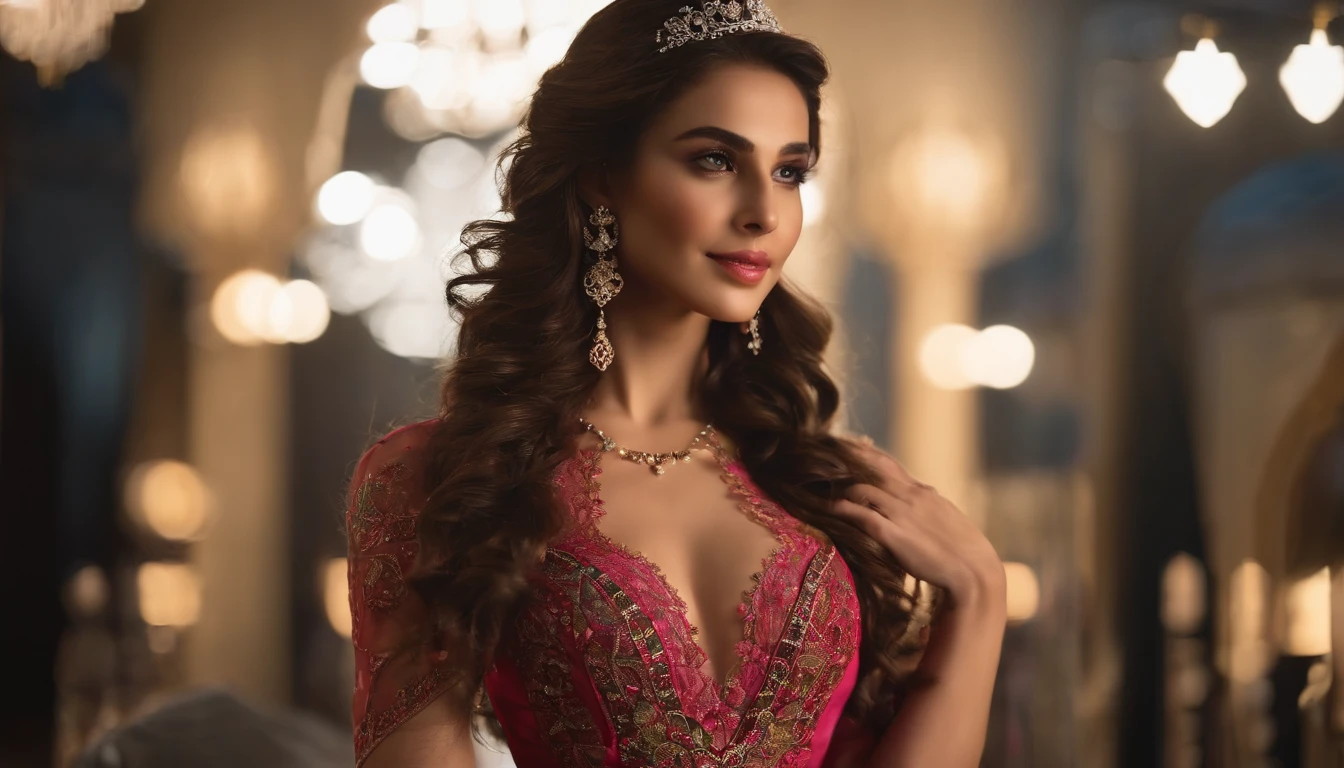 8k, masterpiece, RAW photo, best quality, detail:1.2),photorealistic, extremely detailed CG unity 8k wallpaper, Depth of field, Cinematic Light, Lens Flare, Ray tracing, (extremely pakistani beautiful face, beautiful red lips, beautiful eyes), intricate detail face, ((ultra detailed skin)), 1girl, in the dark, deep shadow, pretty girl,(slim slender fit-muscled body:1.3), ((looking at viewer)),(big smile), (laced dress), (shot sleeve) , (city night, (neon sign), (night), earrings, bracelets, necklace, pantyhose, clear eyes, makeup, walking, face forward, (big green eyes), ((upper body shot)), dress, laced dress, turning back, back shot, very slim, slander, blond braid hair over shoulder, pink blue, dress, 3D, rich colors, makeup, (lace stockings with garters, cord trim, lace), [[bodysiut lacy lace-upp]], (Intricate detailed multi-layer bodysiut lacy lace-upp), corset, skirt, silver, earrings, necklace, bracelets, valuables